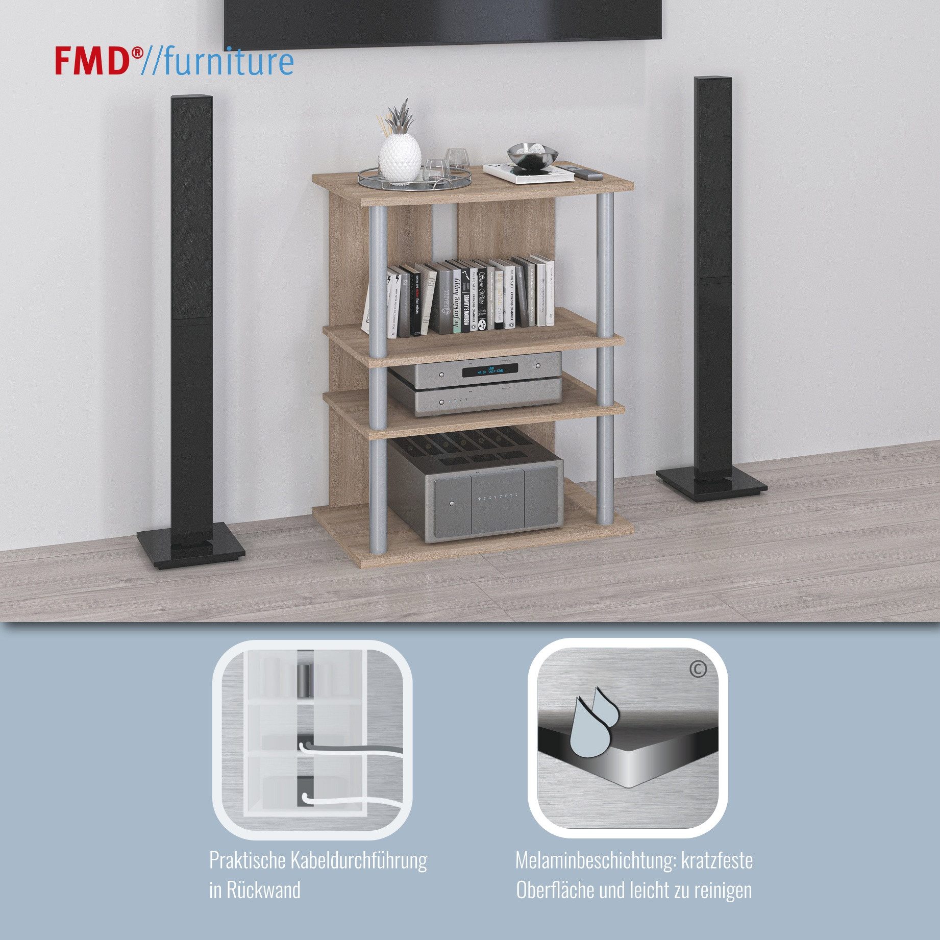 FMD Media-Regal Variant, Regal auf Rollen, Multimedia, TV, Hifi, 3 Böden, 65 cm breit