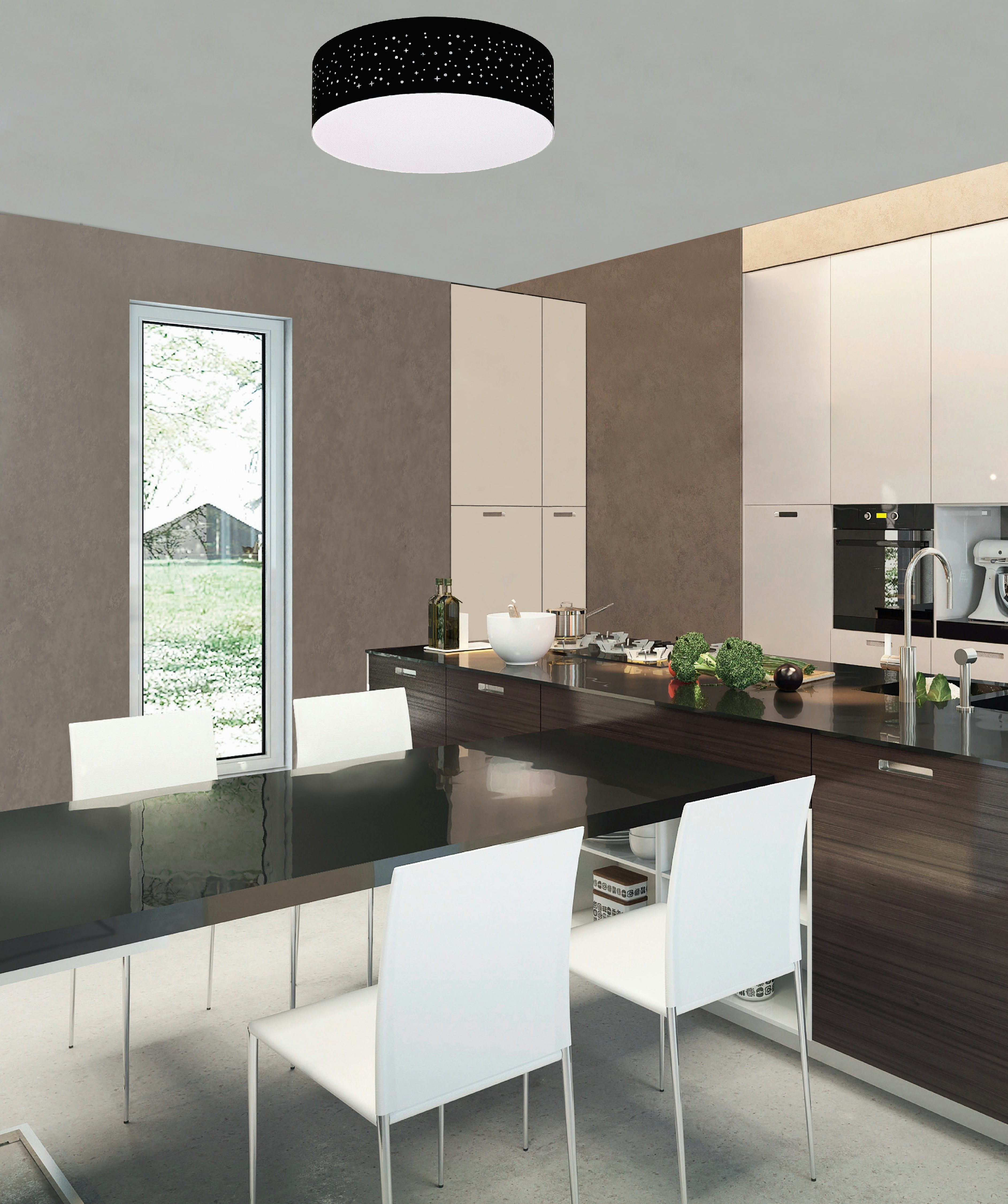 TRANGO LED Deckenleuchte, 3136L LED Deckenlampe mit 38cm Ø Sternenhimmel Stoffschirm in *SCHWARZ* rund inkl. 2x E27 LED Leuchtmittel 3000K warmweiß für Wohnzimmer - Schlafzimmer- Flur, Gästezimmer – Büro Deckenlampe - Schlafzimmerlampe – Bürolampe