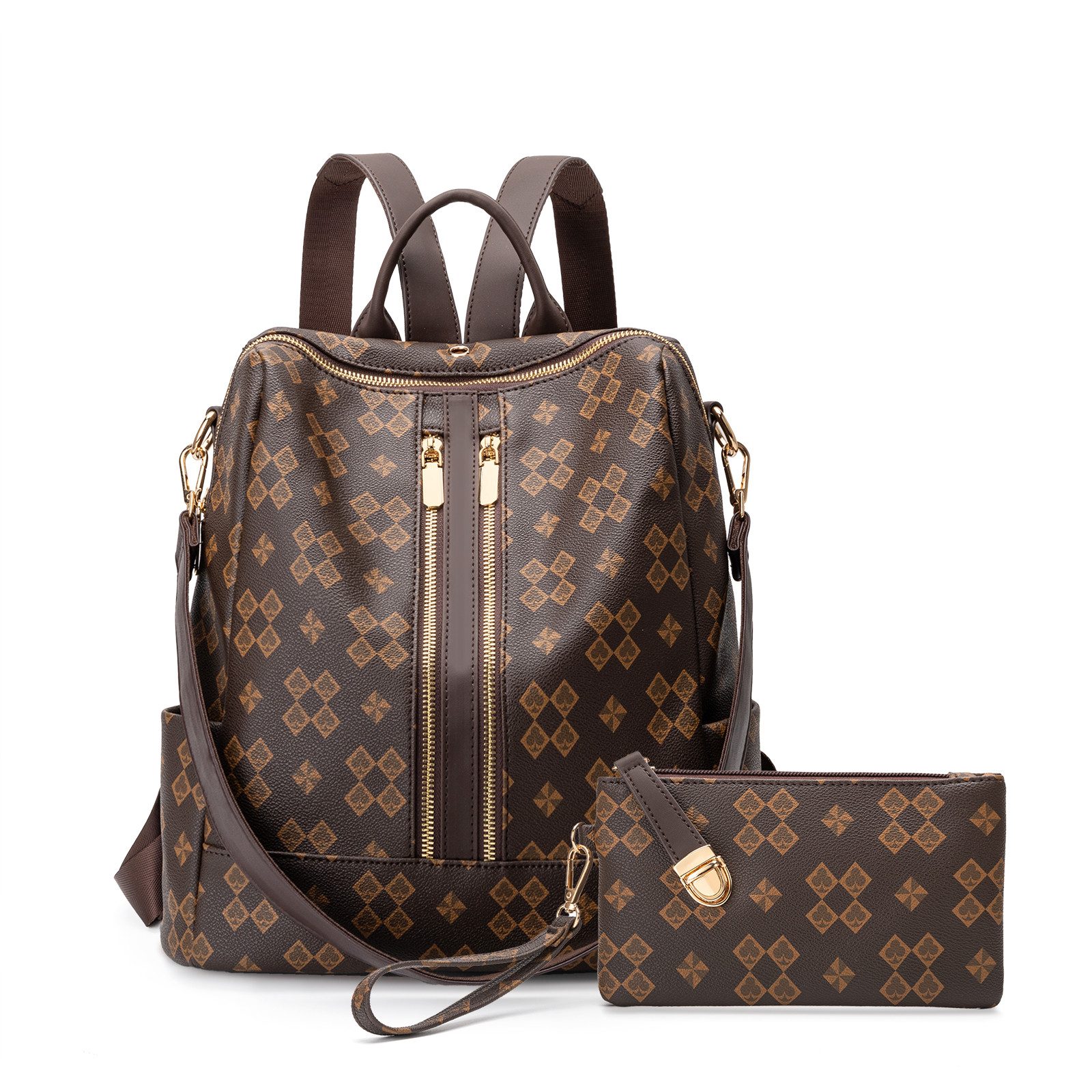 Fyrove Rucksack Damen Rucksack Handtasche 2 in1, Kleine Rucksacktasche (31*14*34cm, 2-teiliges Set, inklusive kleiner Tasche), PU Leder, City Rucksack mit vielen Fächern,abnehmbarem Schultergurt