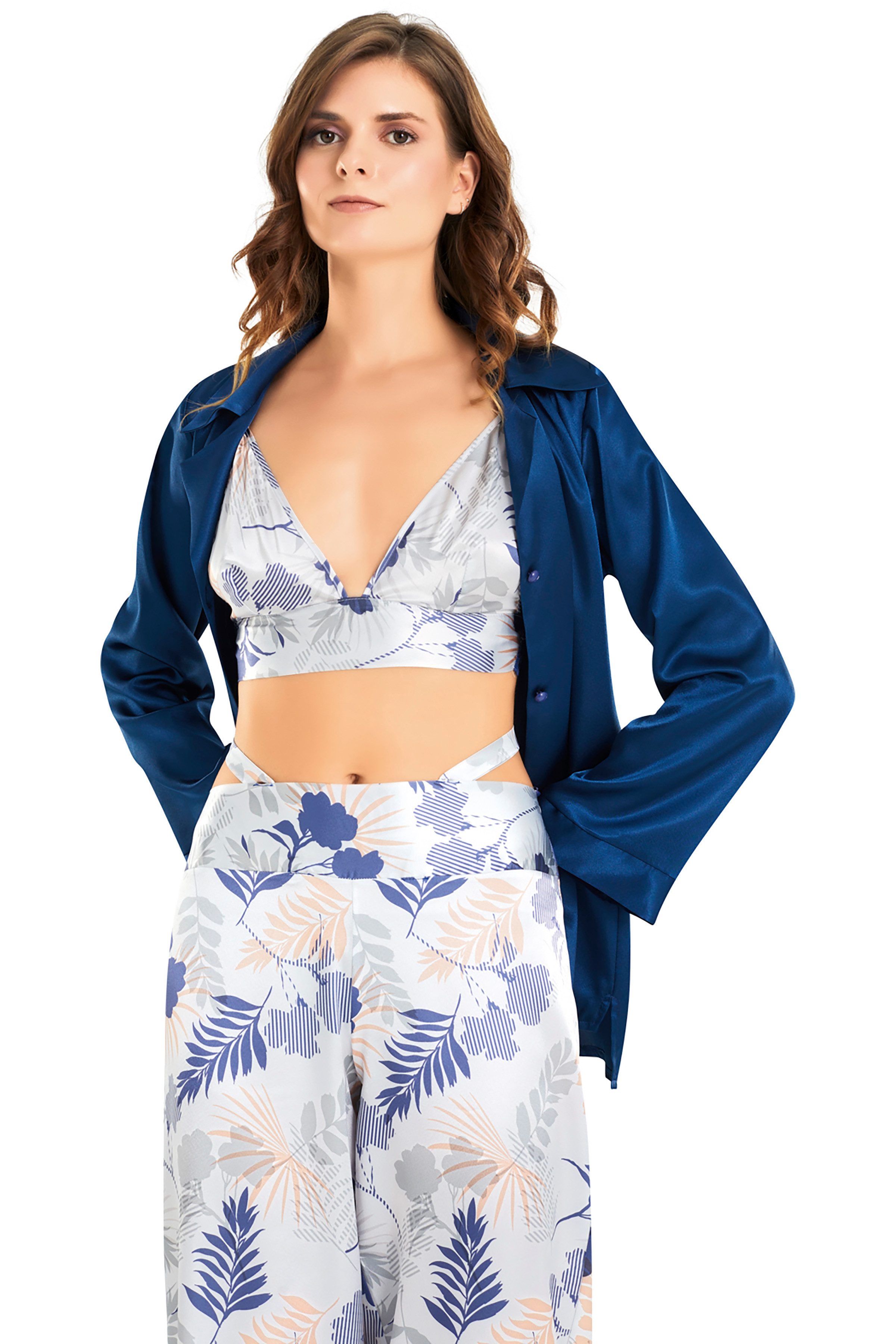 Pyjamahose Damen Satin Pyjama Set 3-teilig – Hose, Top & Bluse in Blau (Set)