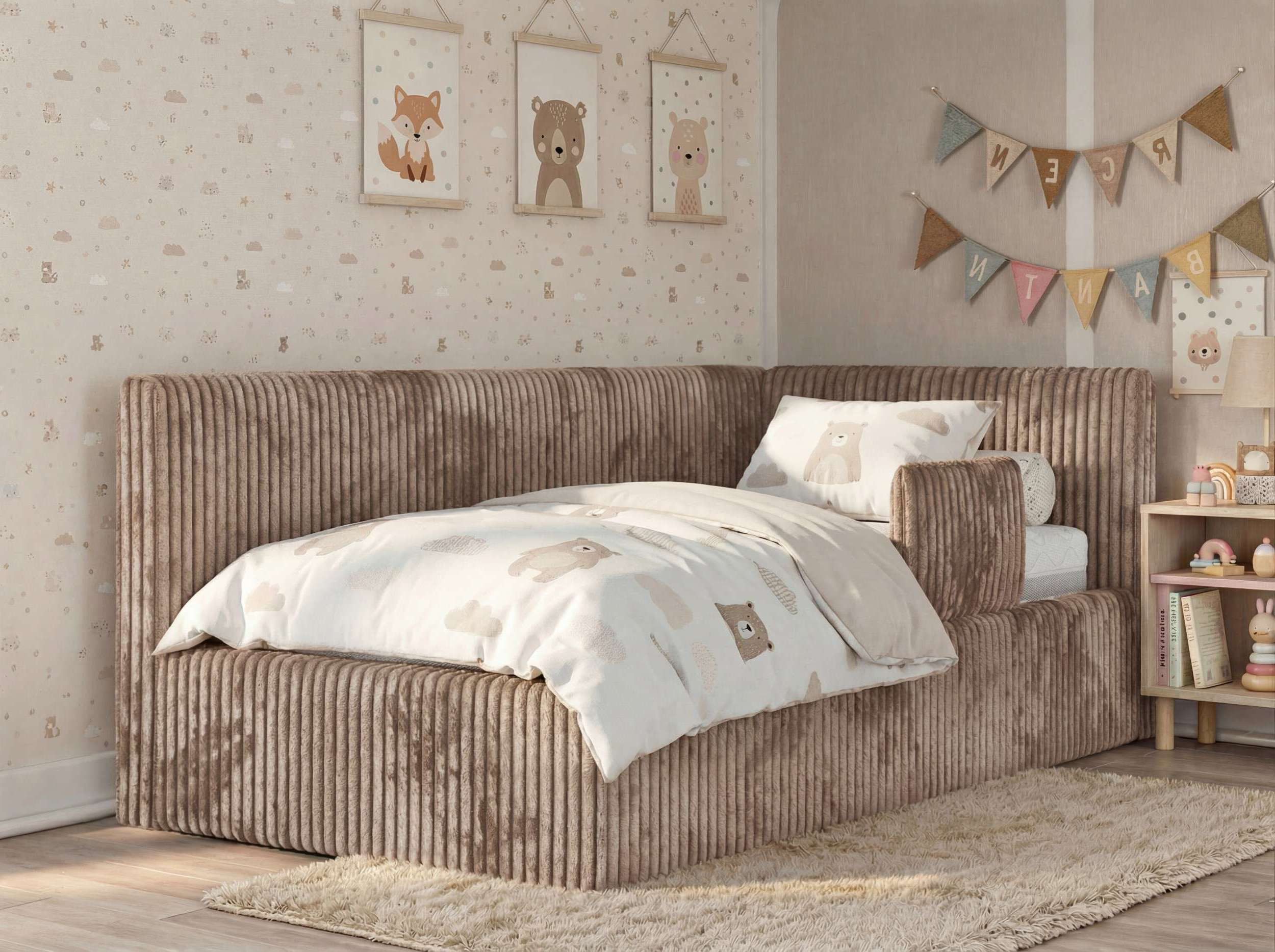 MKS MÖBEL Kinderbett TILVO ALTA (Set, Cordstoff Bett, inkl. Lattenrost, Bettkasten, Sicherheitsbarriere & Kopfteil), Eckbett mit Stauraum, Rausfallschutz & Gasdruckfedern