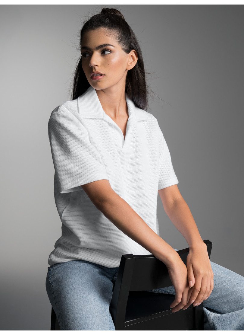 Trigema Poloshirt TRIGEMA Oversized Poloshirt ohne Knopfleiste in Waffeloptik (1-tlg)