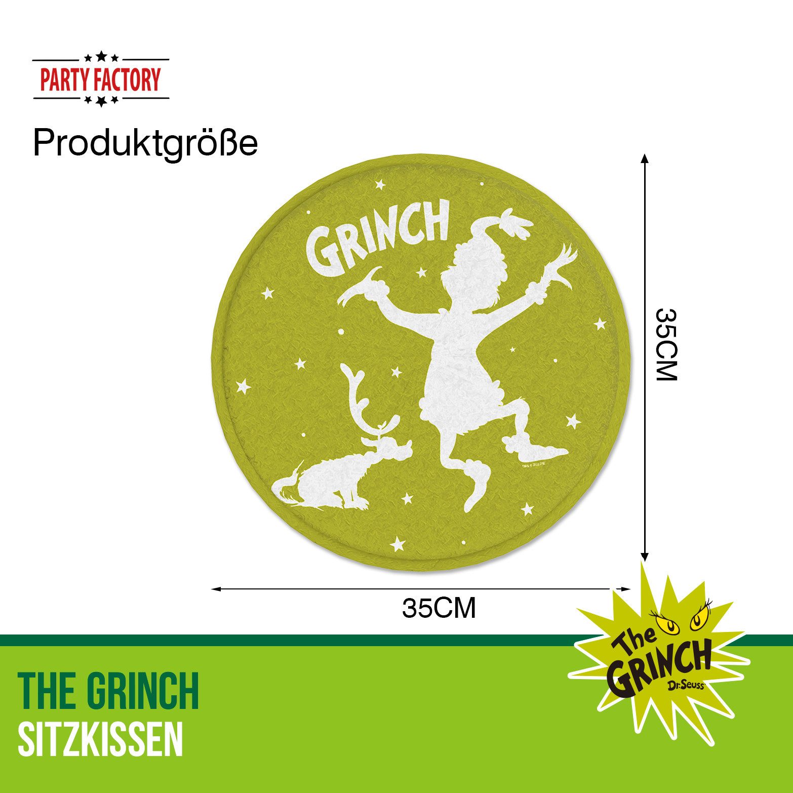 Party Factory Sitzkissen The Grinch Sitzkissen grün – runde Weihnachtsdeko mit Grinch Motiv, The Grinch Motiv