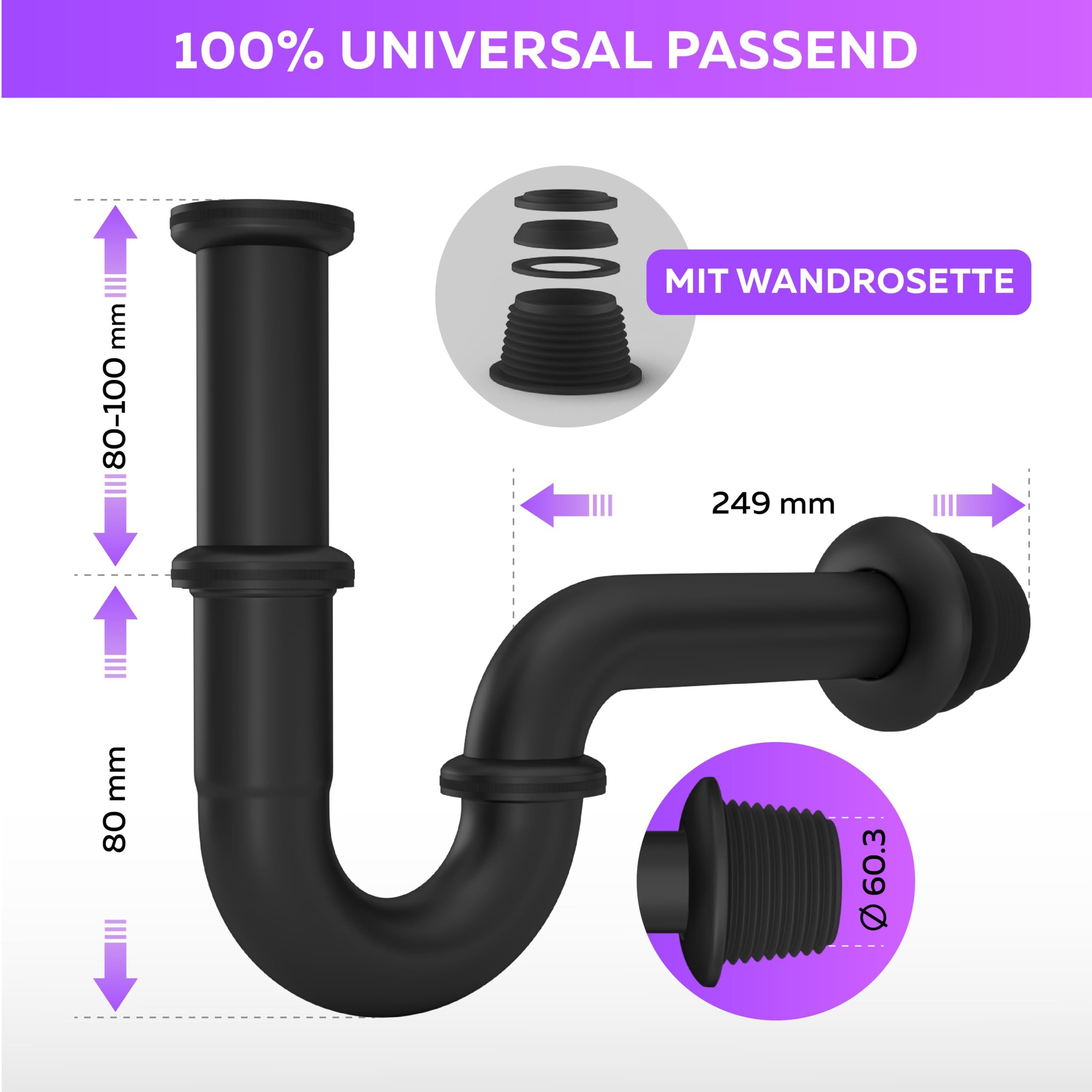 M. Rosenfeld Siphon Waschbecken Ablaufgarnitur mit Überlauf, Pop Up, Schwarz, Universal Röhrensiphon Waschtisch Geruchsverschluss aus Messing