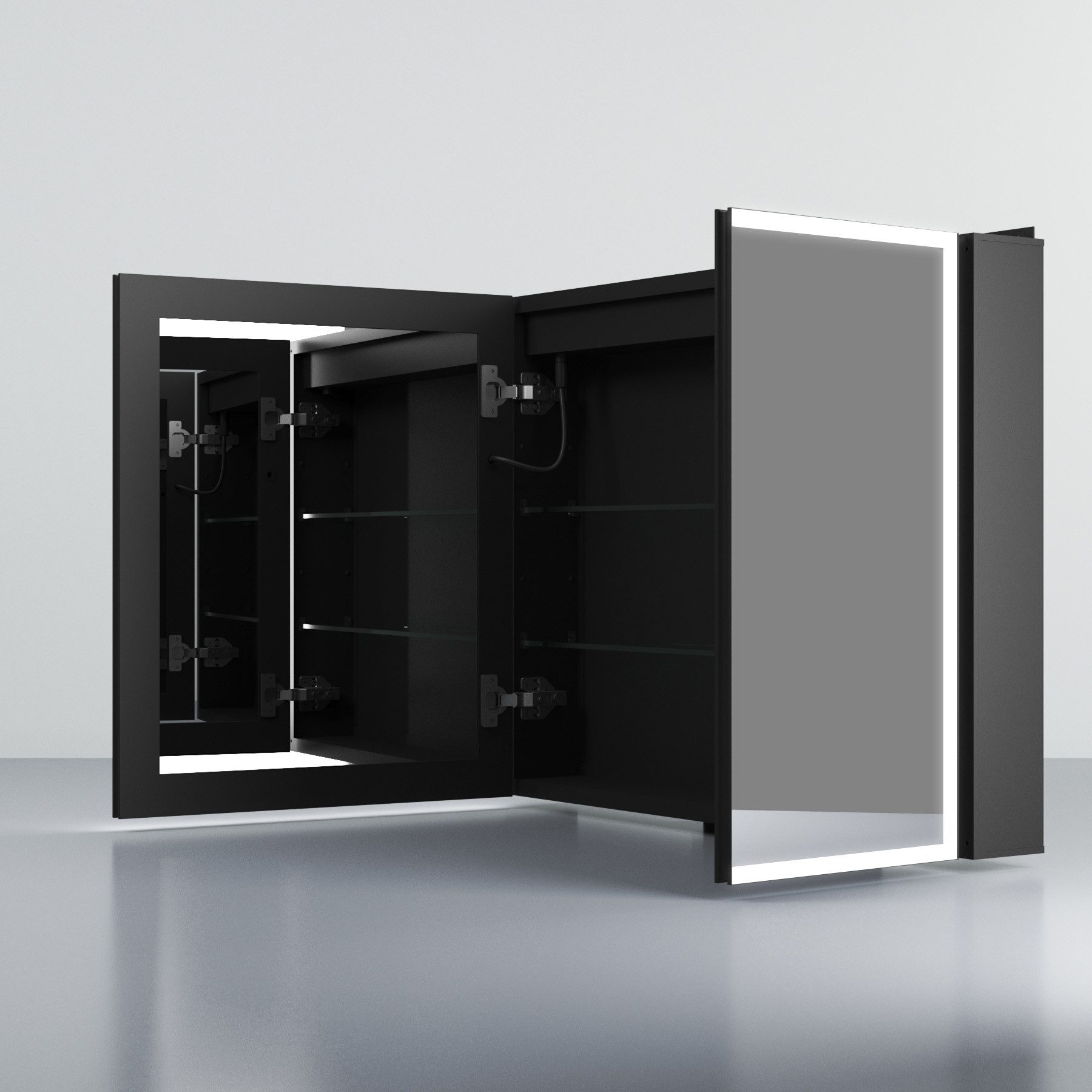 WDWRITTI Spiegelschrank Bad mit Beleuchtung 80 x 60 cm Badezimmerspiegelschrank LED 2 türen (Schrank Schwarz matt, Anti-fog, 3Lichtmodi, Dimmbar, Speicherfunktion, Doppelseitiger Spiegel, Verstellbare Glasböden) Metall Schrank, mit Netzadapter
