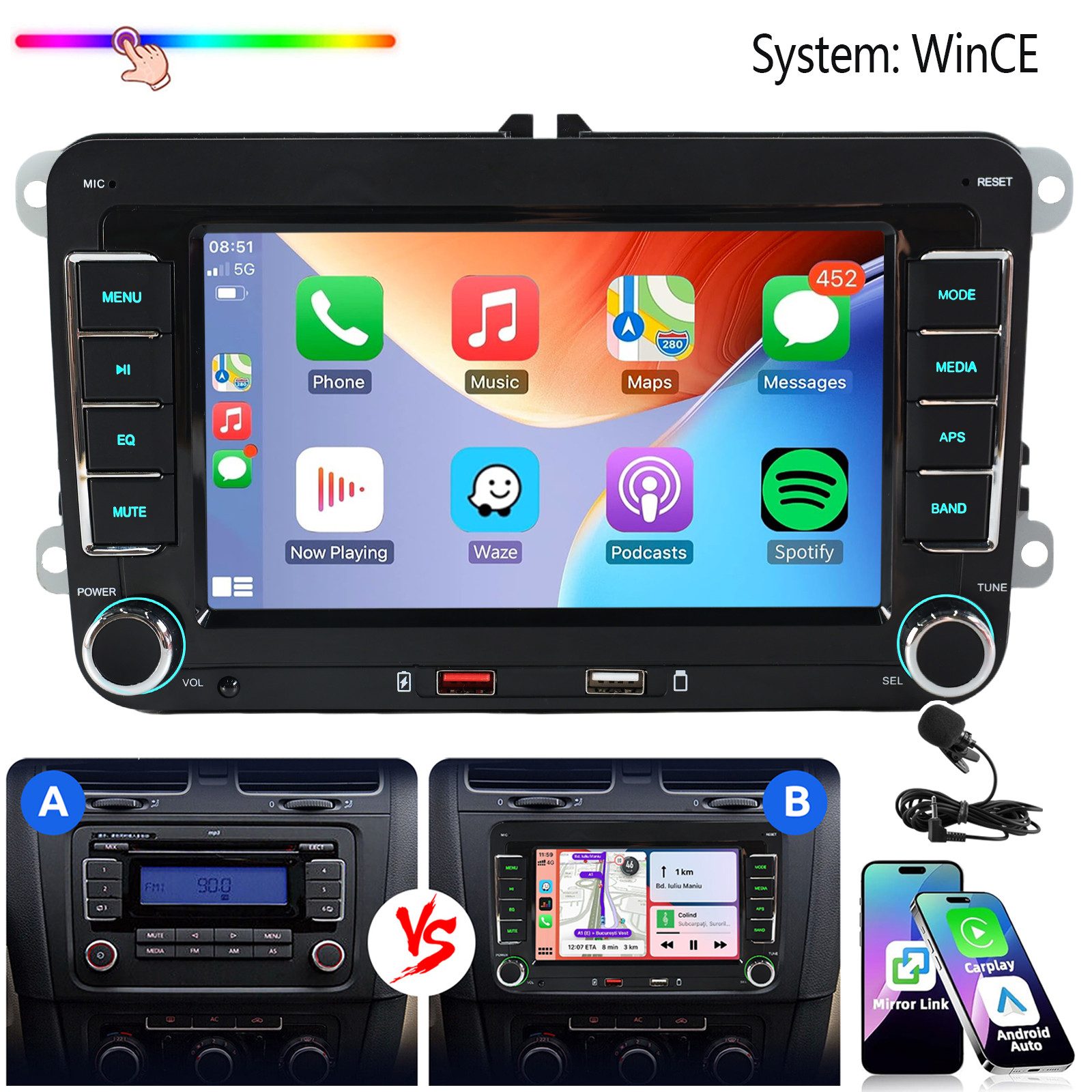 ESSGOO Für VW Golf 5 6 Plus Touran Caddy Jetta Autoradio Carplay Android Auto Autoradio (System : WinCE, Rückfahrkamera(optional), 2 DIN, AM/FM, SWC, CANBUS-Adapter ENTHALTEN (optimiert für Windows CE-System)