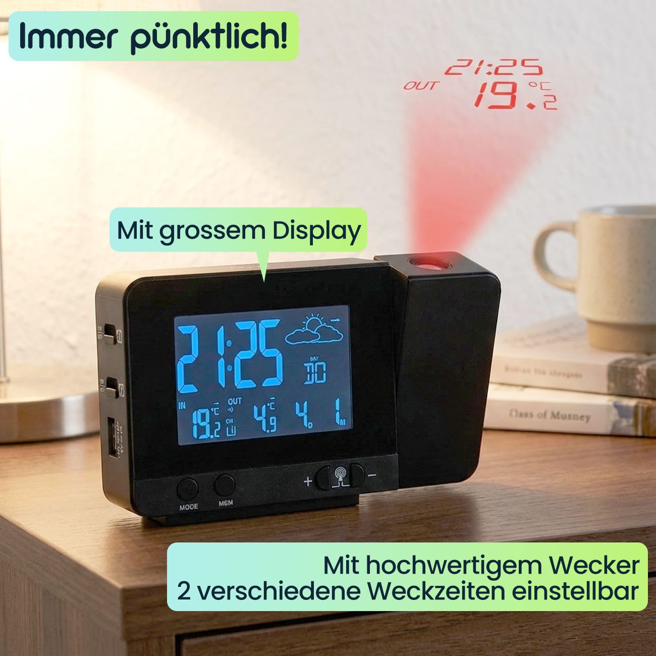 Casativo Projektionswecker 2-in-1 Projektionswecker & Funk-Wetterstation mit USB-Port