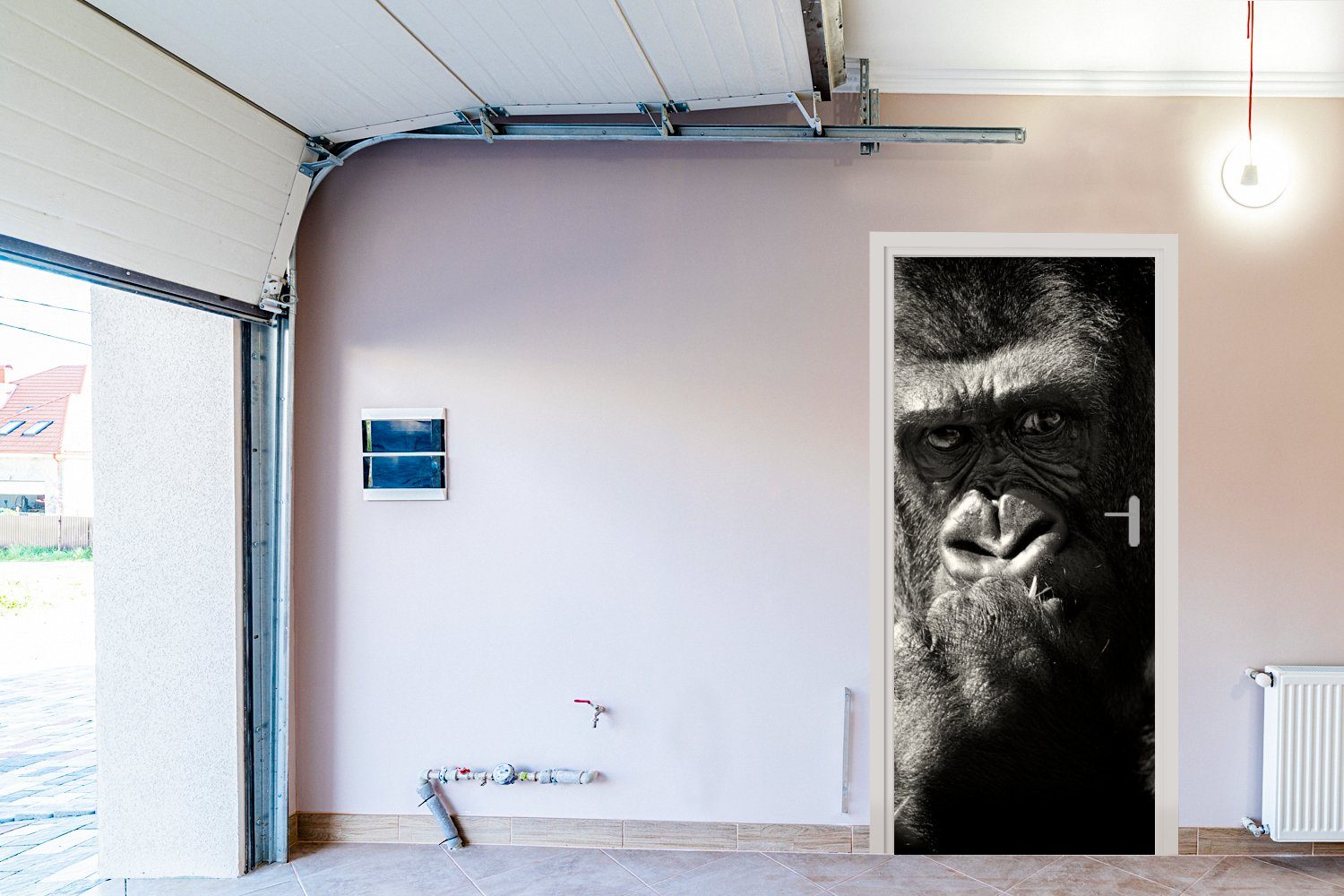 Tür, Türtapete St), Gorilla (1 Matt, MuchoWow in für cm Tierprofil und schwarz 75x205 weiß, Türaufkleber, Fototapete bedruckt,