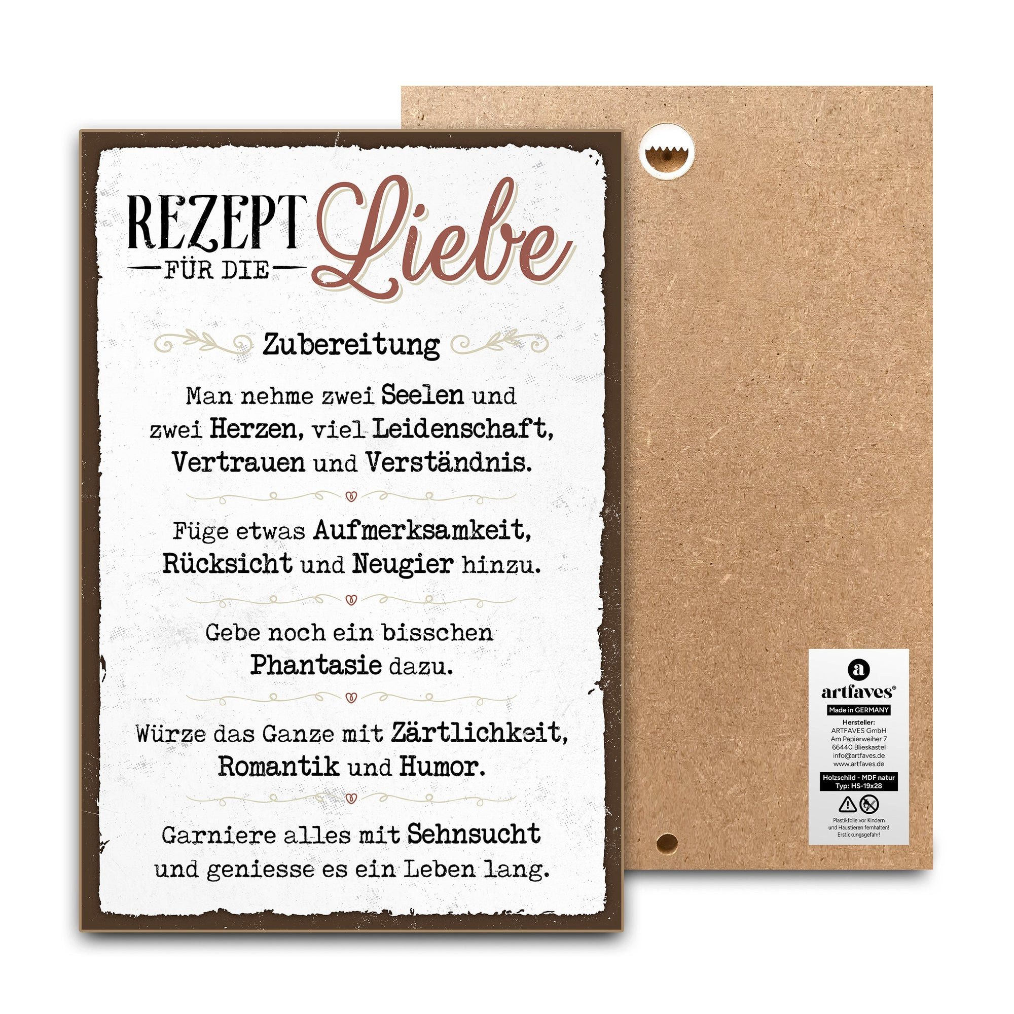 ARTFAVES Holzbild Schild mit Spruch - Rezept für die Liebe - Liebe, Familie, Freundschaf