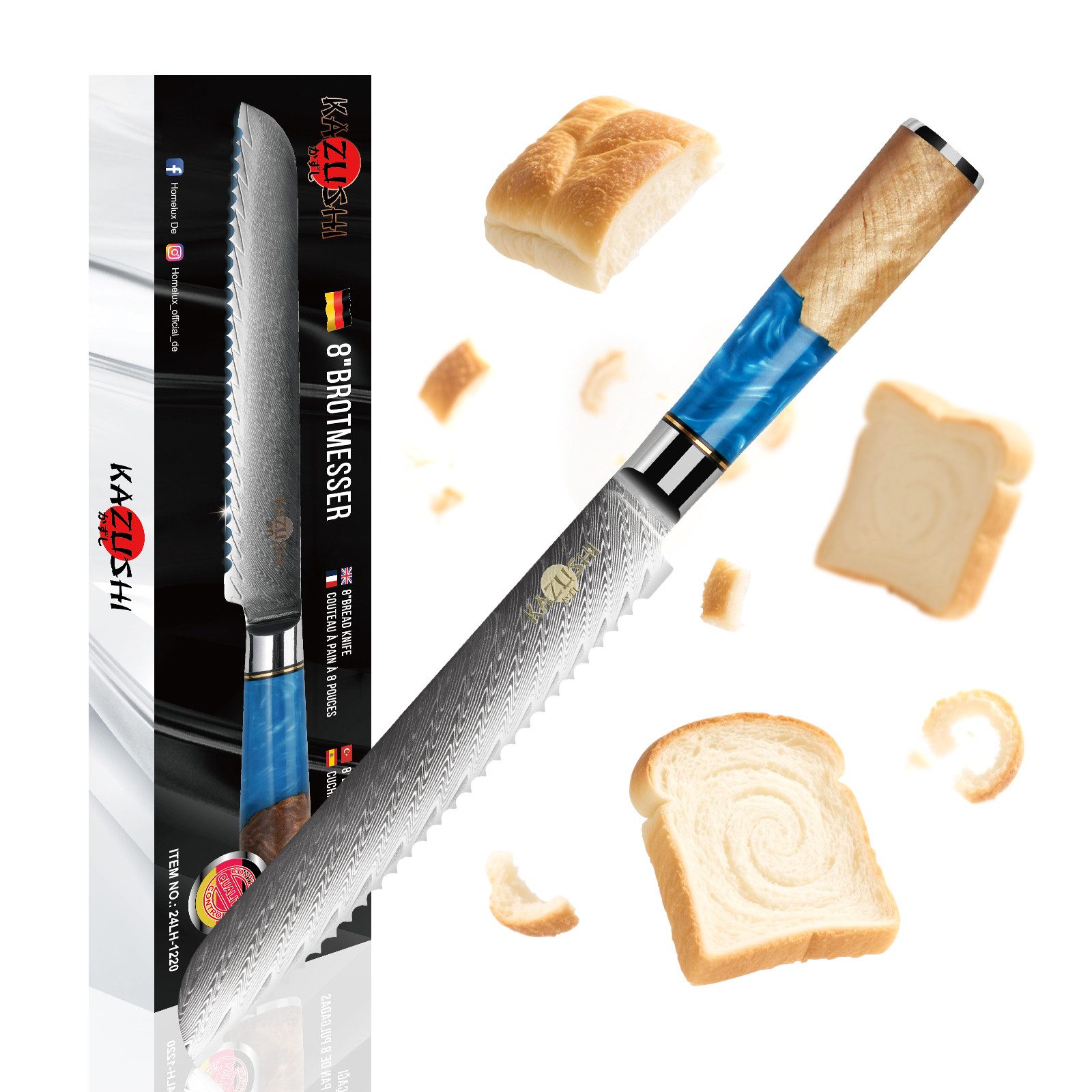 KAZUSHI Brotmesser 8 Zoll Kochmesser, Lebensmittelqualität Edelstahl, mit Wellenschliff, ergonomischer Griff