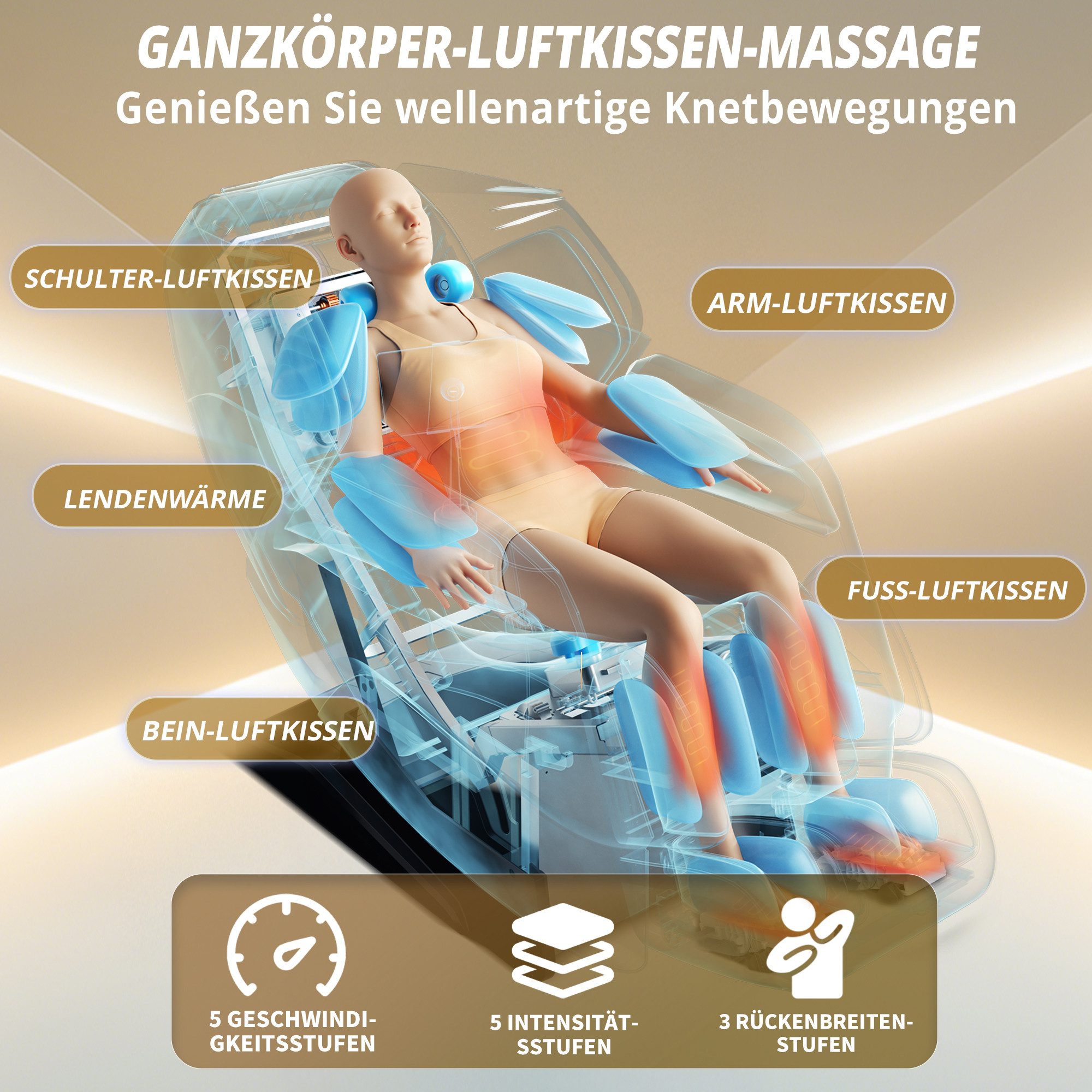 HealthRelife Massagesessel Luxuriöser Entspannungsstuhl, 15 Massage-Modi, Yoga-Stretching (1-St), 55 Zoll SL-Track