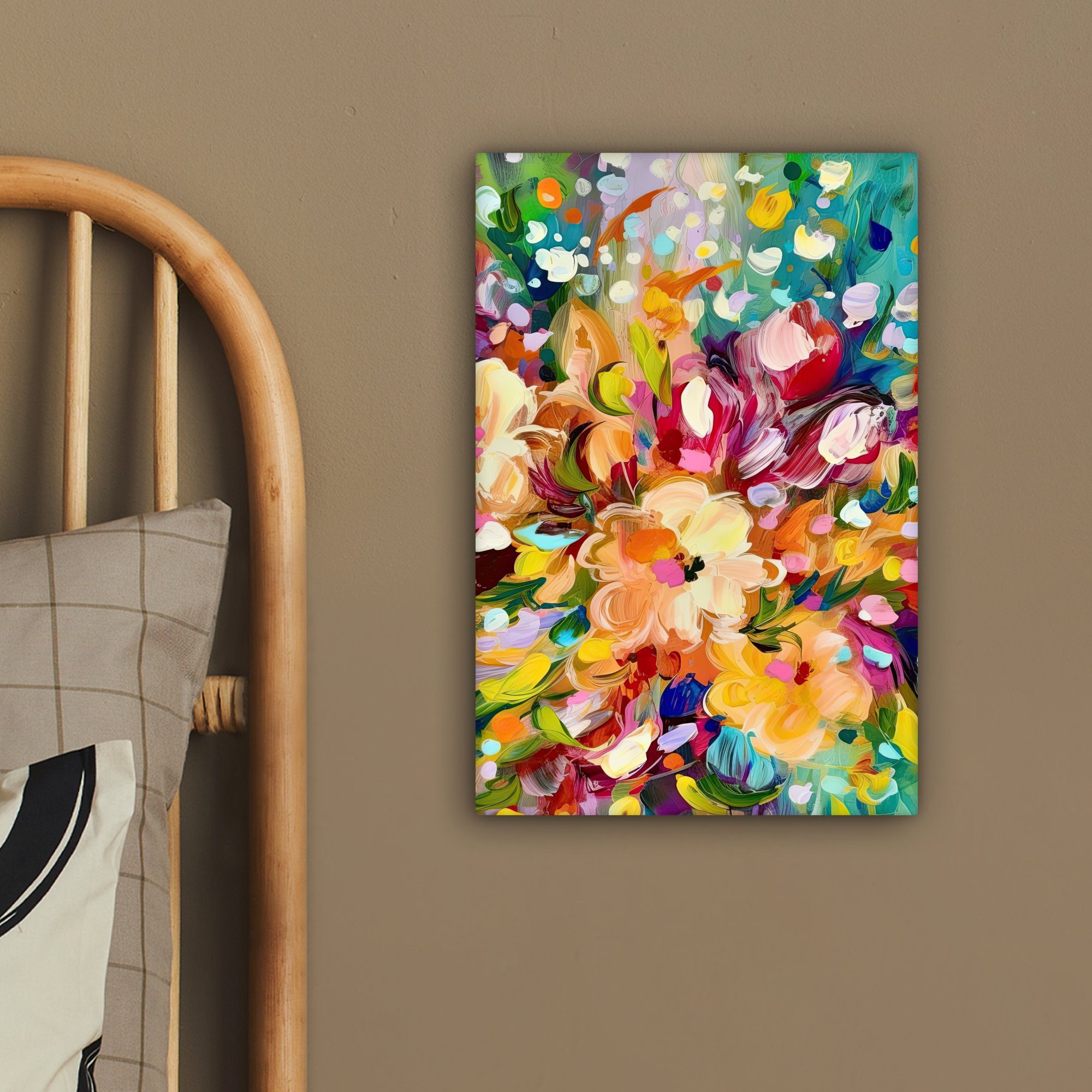 Leinwandbild Ölfarbe Blumen (1 - cm fertig Leinwandbild Gemälde inkl. - Gemälde, 20x30 Zackenaufhänger, St), bespannt Regenbogen, - OneMillionCanvasses®