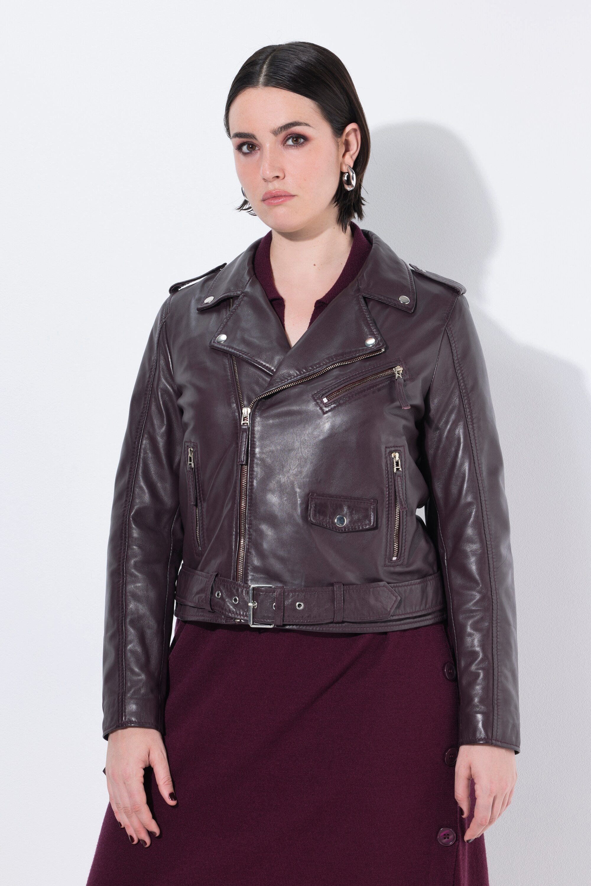 Lederjacke Lederjacke Bikerstil Reverskragen Bindegürtel