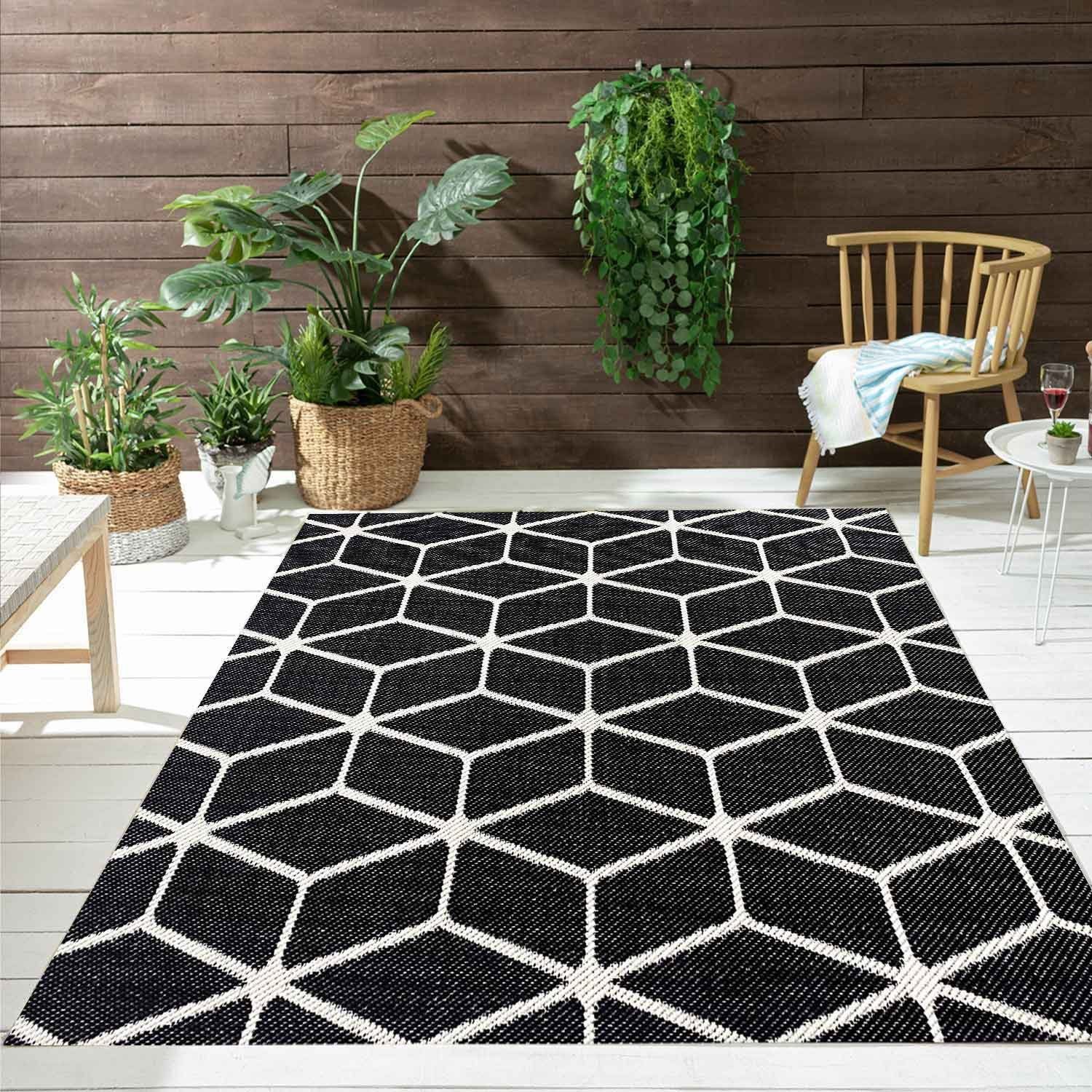 Vimoda Outdoorteppich In- & Outdoor Teppich Bienenstock Optik Raute Muster, für Balkon Küche, Rechteckig, Höhe: 5 mm, Robuster Flachgewebe Läufer Outdoor in Creme & Schwarz