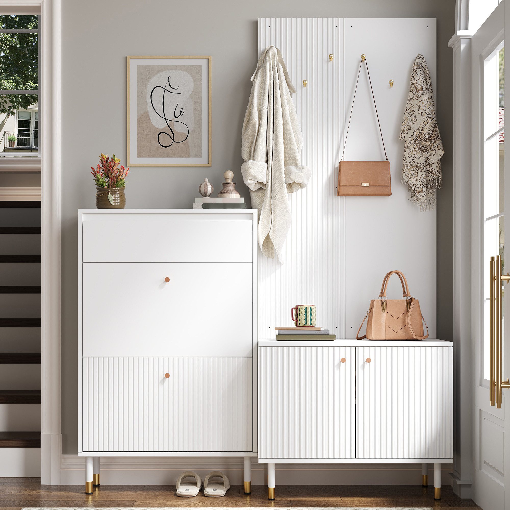 Merax Garderoben-Set mit 6 Haken, Schuhschrank mit Klappfächern und Schublade, (1-St), zweitüriger Aufbewahrungsschrank Garderobenwand Flurmöbel