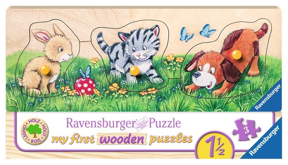 Ravensburger Steckpuzzle 3 Teile Kinder Holz Puzzle my first wooden Niedliche Tierkinder 03203, 3 Puzzleteile