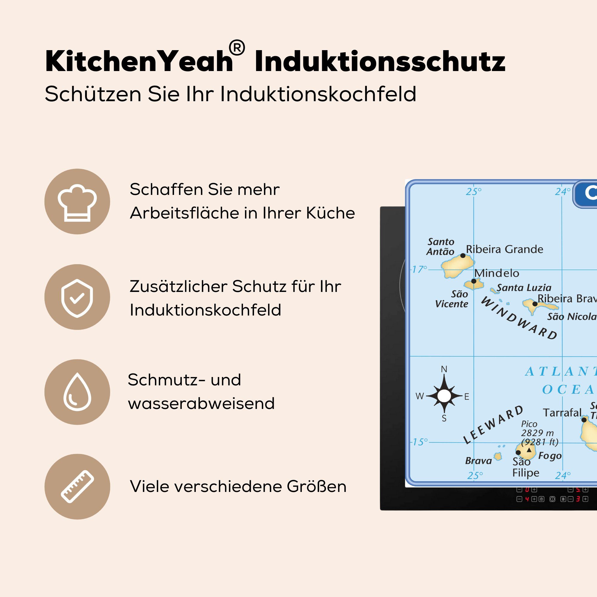 MuchoWow tlg), Verde Illustration für Kompass, mit einem Arbeitsplatte 78x78 küche Ceranfeldabdeckung, cm, Kap Herdblende-/Abdeckplatte (1 Vinyl,