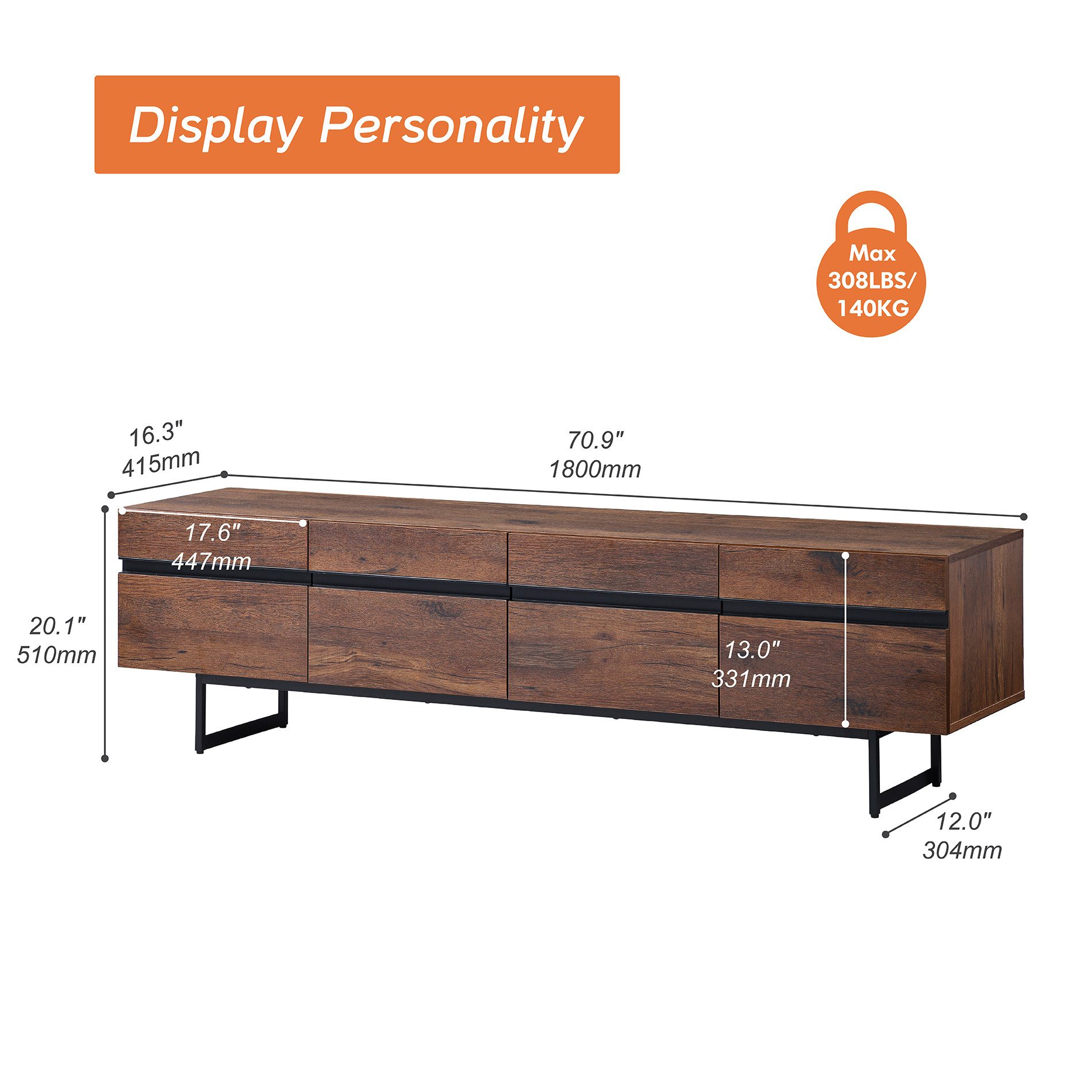 WAMPAT Lowboard 180 cm breiter, brauner TV-Schrank mit 4 Fächern (180 cm breiter TV-Schrank), TV-Bank, TV-Board, Medienschrank mit Staufächern, für Wohnzimmer