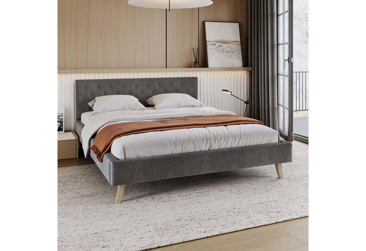 FDM Polsterbett ZUZA modern MADE IN EU - mit hochwertigem Velours Bezug (verfügbar 120x200 140x200 160x200 180x200cm, Bettrahmen, Bett, mit großen gepolsterten Kopfteil, ohne Matratze, Lattenrost aus Holz), ohne Matratze, Lattenrost aus Holz