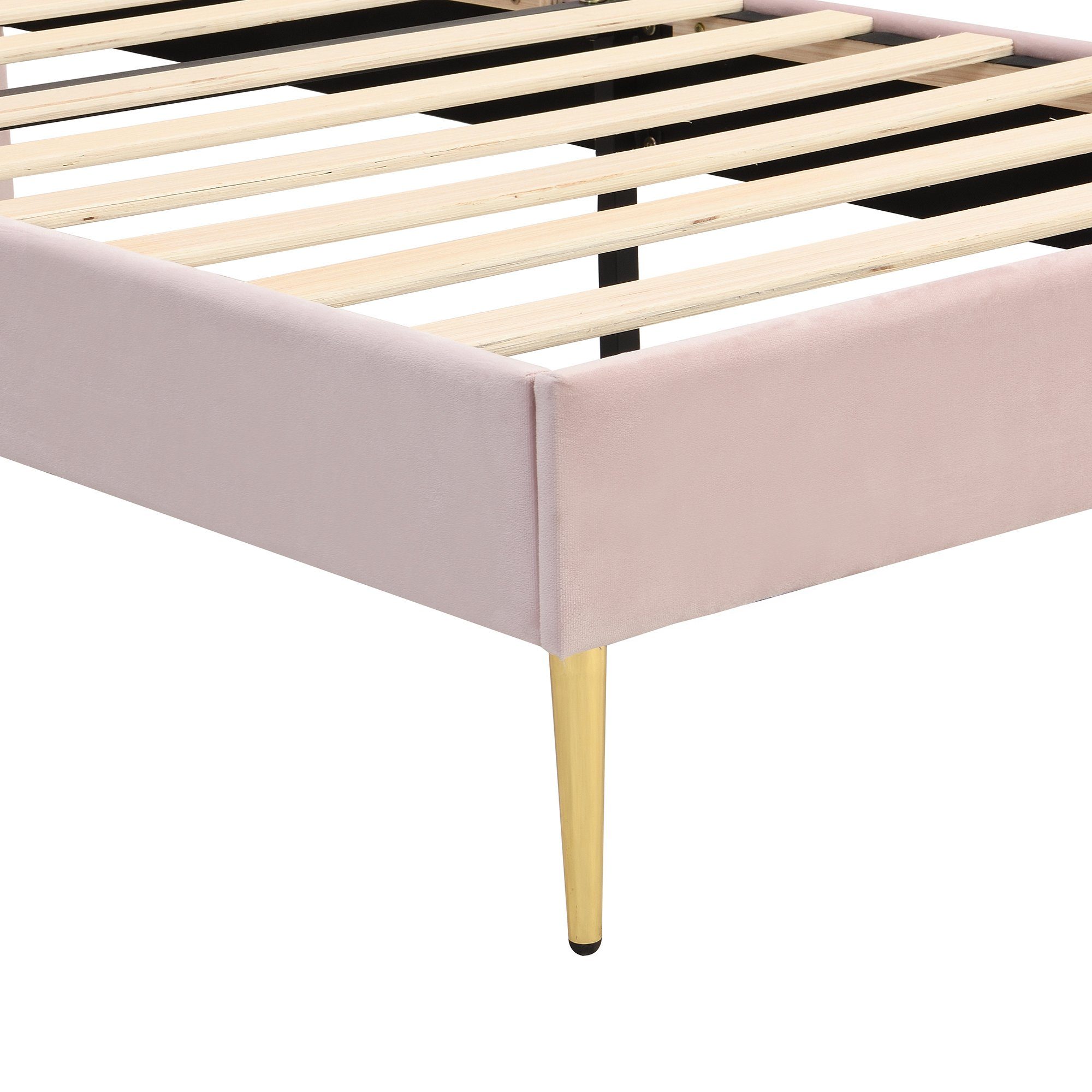 Polsterbett (Einzelbett 90x200 cm mit Polsterbank, ohne Matratze), mit höhenverstellbarem Muschel-Form-Kopfteil und Lattenrost, Samt