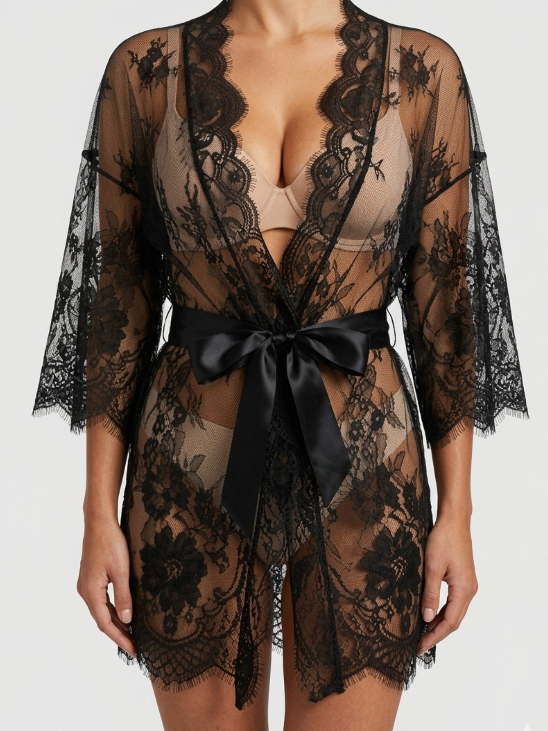 Elegant Love Morgenmantel Sexy Damen-Nachtwäsche – Transparenter Kimono mit Satin-Bindegürtel, Negligé-Robe aus Spitze, Zum Binden, Lingerie: Boudoir-Robe mit floralem Muster und tiefem V-Ausschnitt