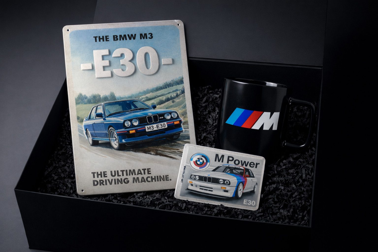 BMW Tasse Geschenkbox Geschenk-Set Blechschild BMW M3 E30 20x30cm Tasse Box, 3-tlg.