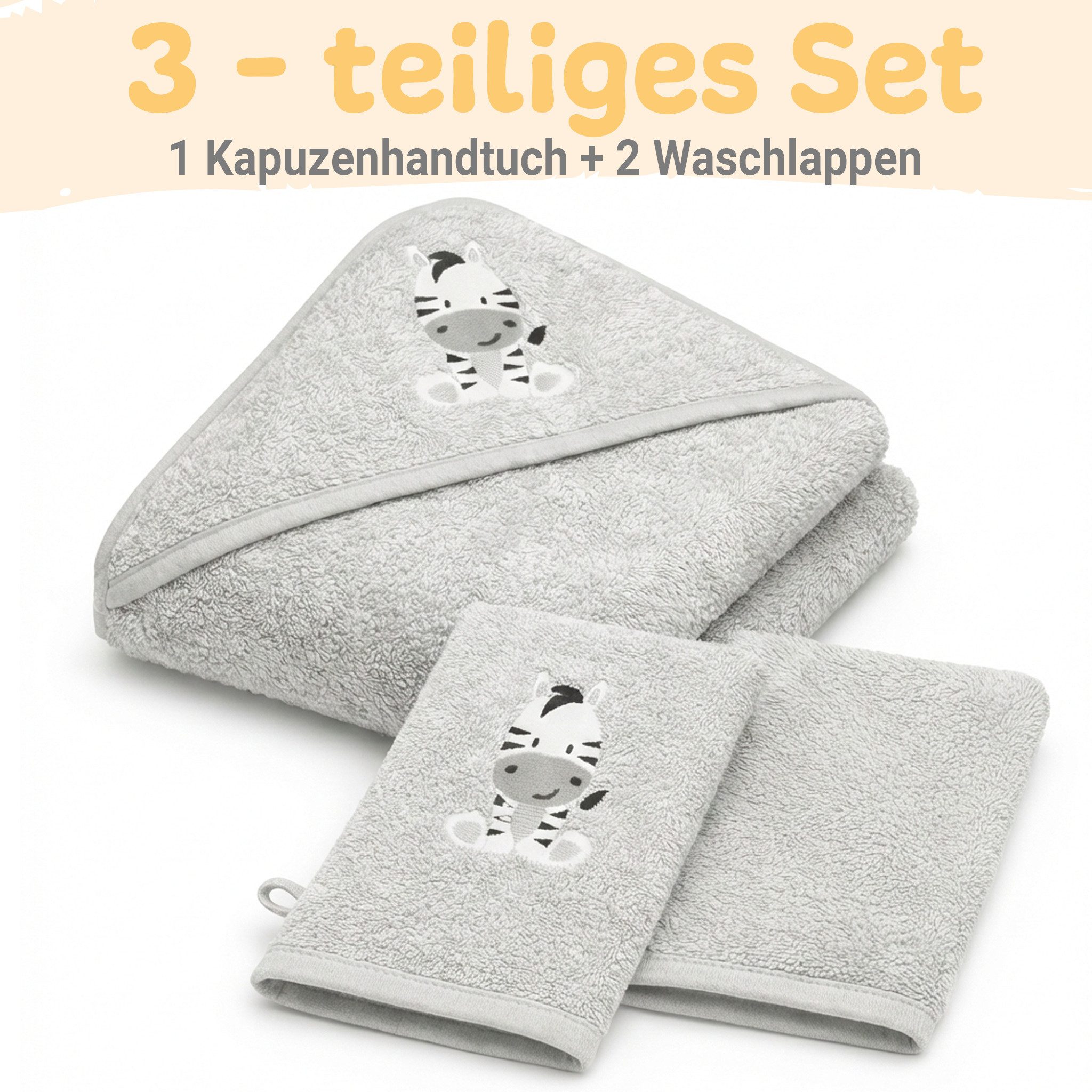 Babykajo Kapuzenhandtuch 80x80 - 100x100 cm, Frottee (3-St), Kuschliges Baby Handtuch mit Waschlappen