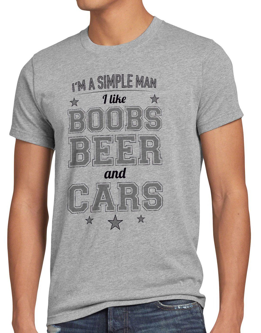 spruch bier funshirt Herren Man boobs auto Simple grau T-Shirt beer car meliert style3 tuning titten Print-Shirt