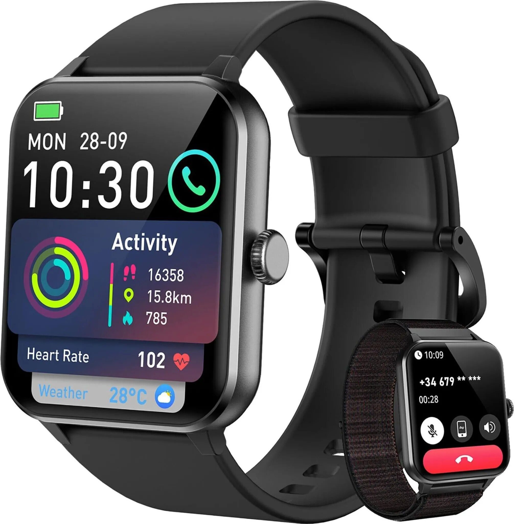 blackview 1,85 Zoll Sportuhr Herren Damen mit Telefonfunktion/Fitnessuhr/Monitor Smartwatch (4,7 cm/1,85 Zoll, iOS/Android), mit Wechselband aus weichemSilikon und Ladekabel, 2 Armband,100+ Sportmodi,Fitnessuhr, Puls-Schlaf-Monitor,Schrittzähler