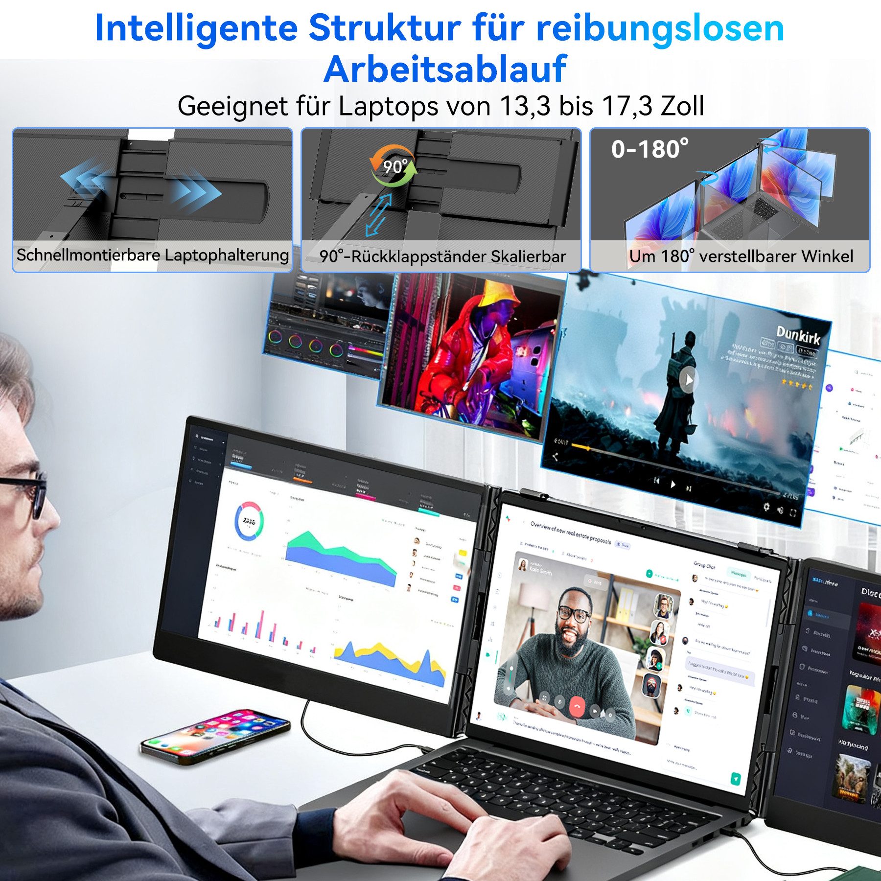 blackview 1kg Tragbarer Dual-Screen-Monitor IPS FHD – Laptop-Erweiterung Portabler Monitor (1920x1080 px, Full HD, IPS, 180° Gaming Monitor, 13,3-17,3" - Windows/Mac/Android/Chrome)