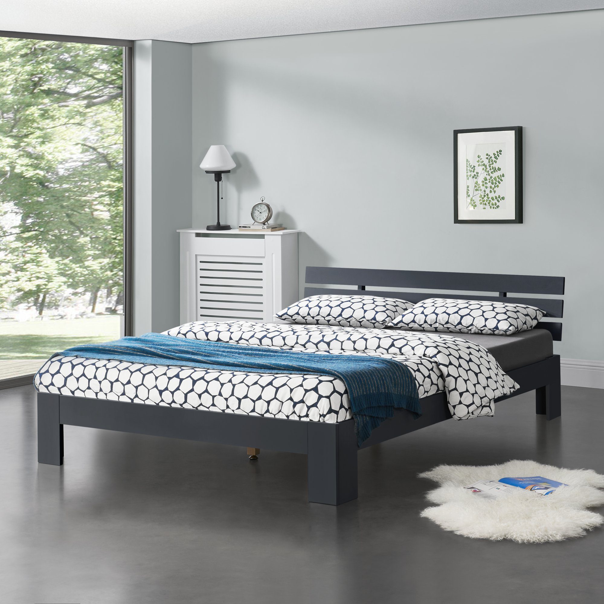 en.casa Massivholzbett, »Eksjö« Bettgestell Kiefernholz 140x200 cm Dunkelgrau, matt