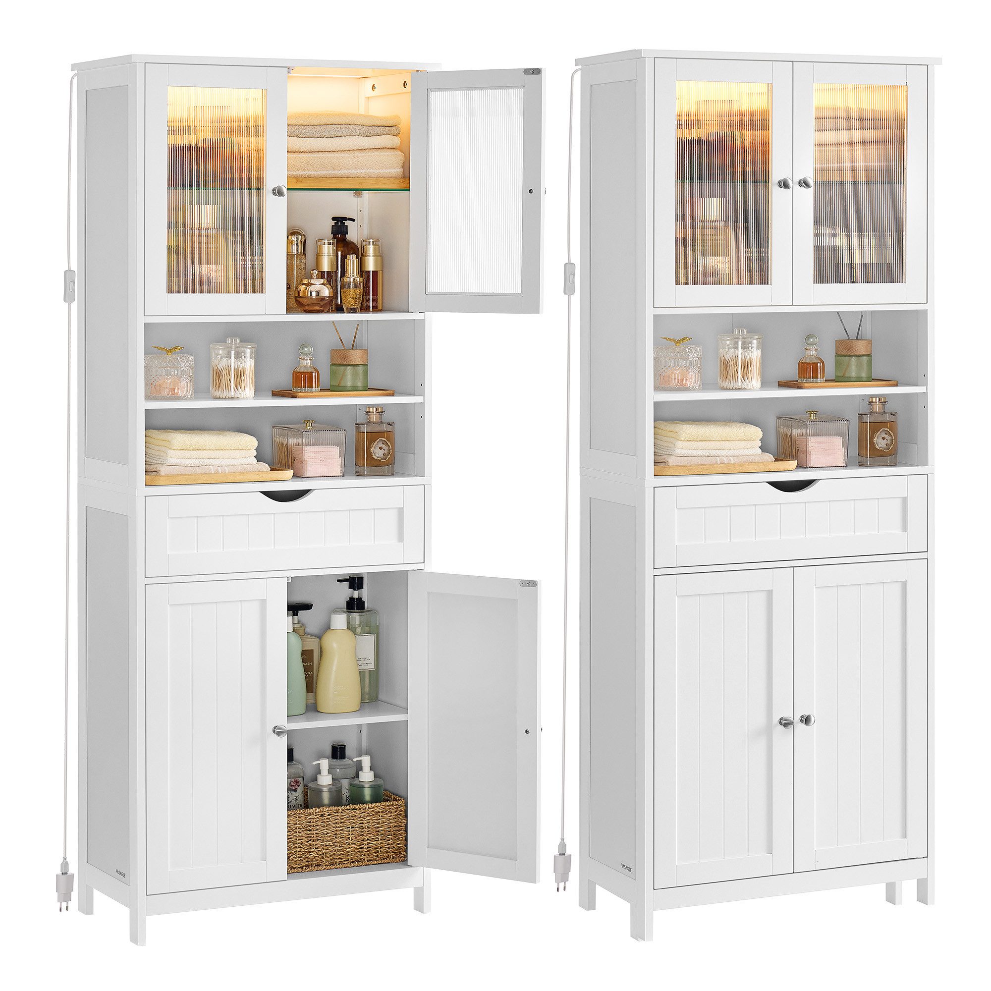 VASAGLE Badkommode Badschrank, Aufbewahrungsschrank mit verstellbaren Ablagen, Schublade (ohne/mit LED-Beleuchtung), Badezimmerschrank mit LED-Beleuchtung, offenen Fächern
