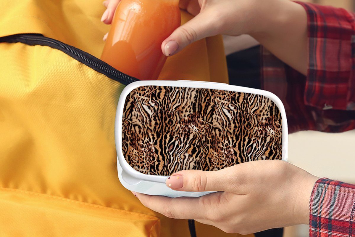 Tiermuster Lunchbox Brotbox MuchoWow Tiger für Kunststoff, Brotdose, Mädchen Jungs - für Erwachsene, und - und weiß (2-tlg), Design, Kinder