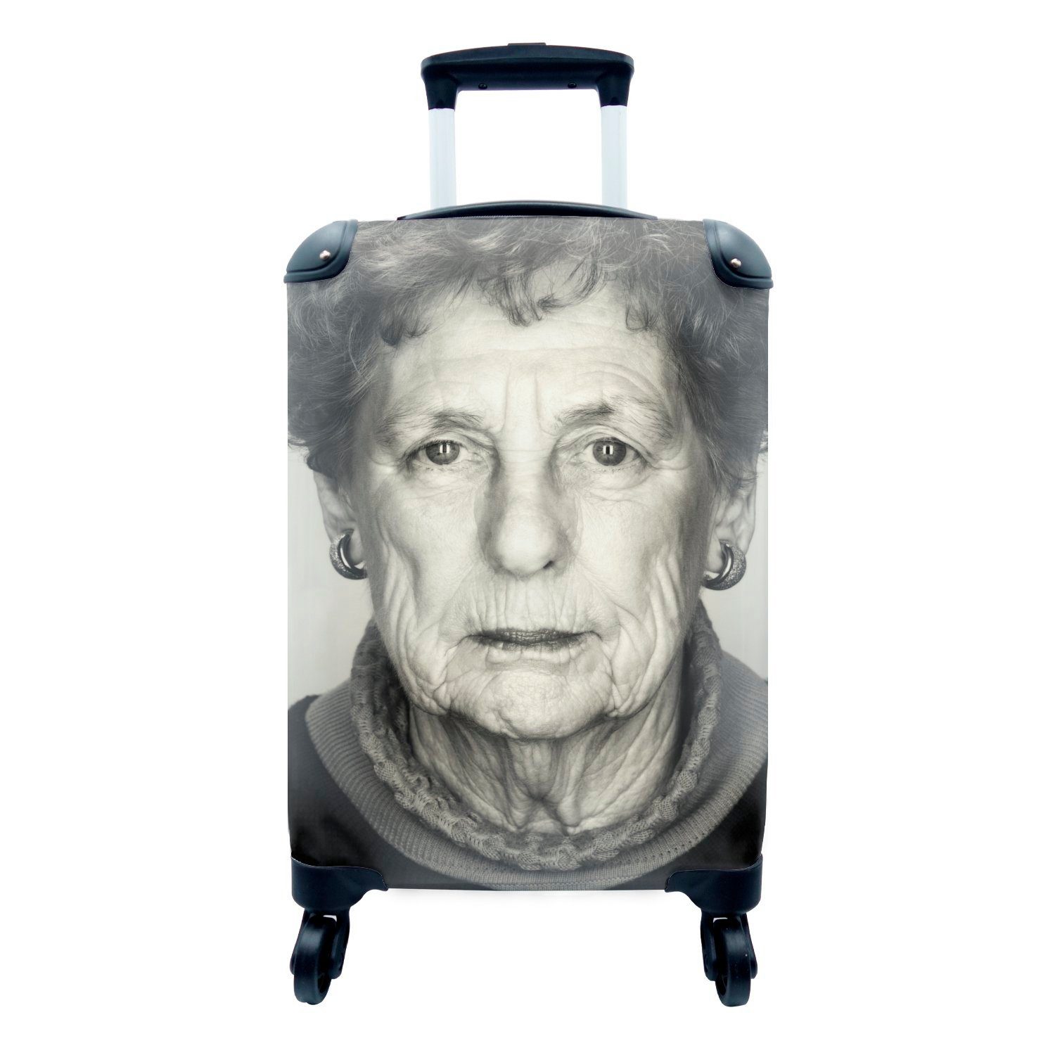 MuchoWow Handgepäckkoffer Porträt einer wettergegerbten alten Frau, 4 Rollen, Reisetasche mit rollen, Handgepäck für Ferien, Trolley, Reisekoffer