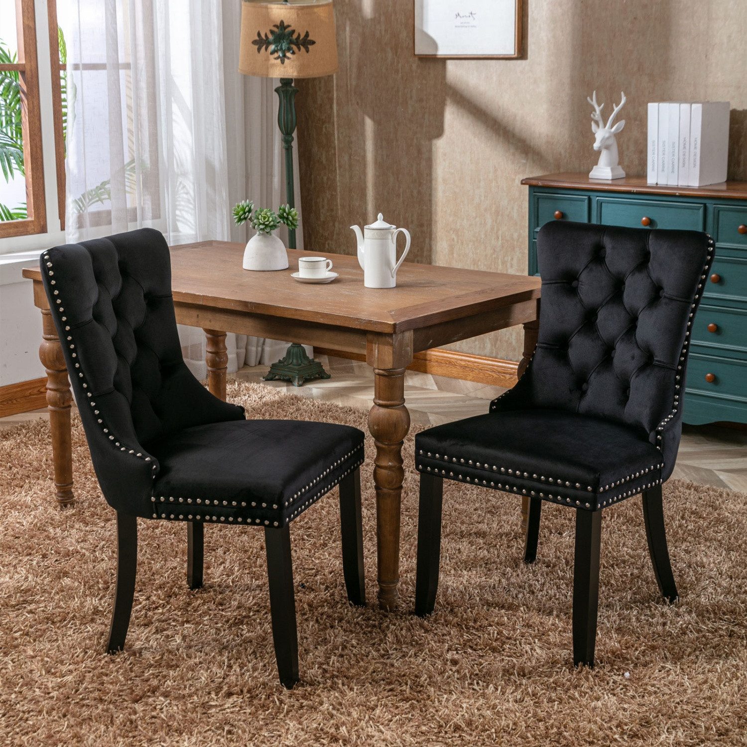 ANYSUN Esszimmerstuhl Esszimmerstühle,2/4/6 er-Set Samt Chesterfield,bis 130 kg,French Style (Polsterstühle mit Knopfheftung & Ziernieten, Massivholz Rubberwood – Bild 2 von 5