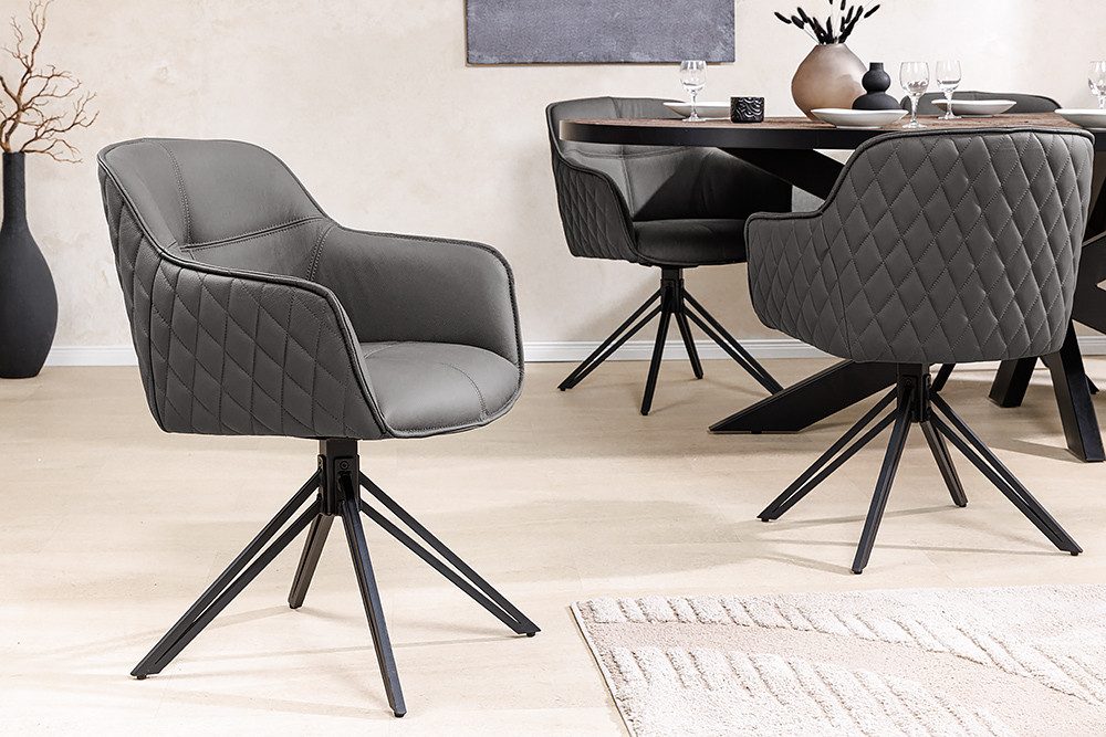 riess-ambiente Polsterstuhl EUPHORIA grau/schwarz – Echtleder, drehbar, Metall-Füße, mit Armlehne (Einzelartikel, 1 St), mit 180° Drehfunktion und Autoreturn – ideal für elegante Esszimmer