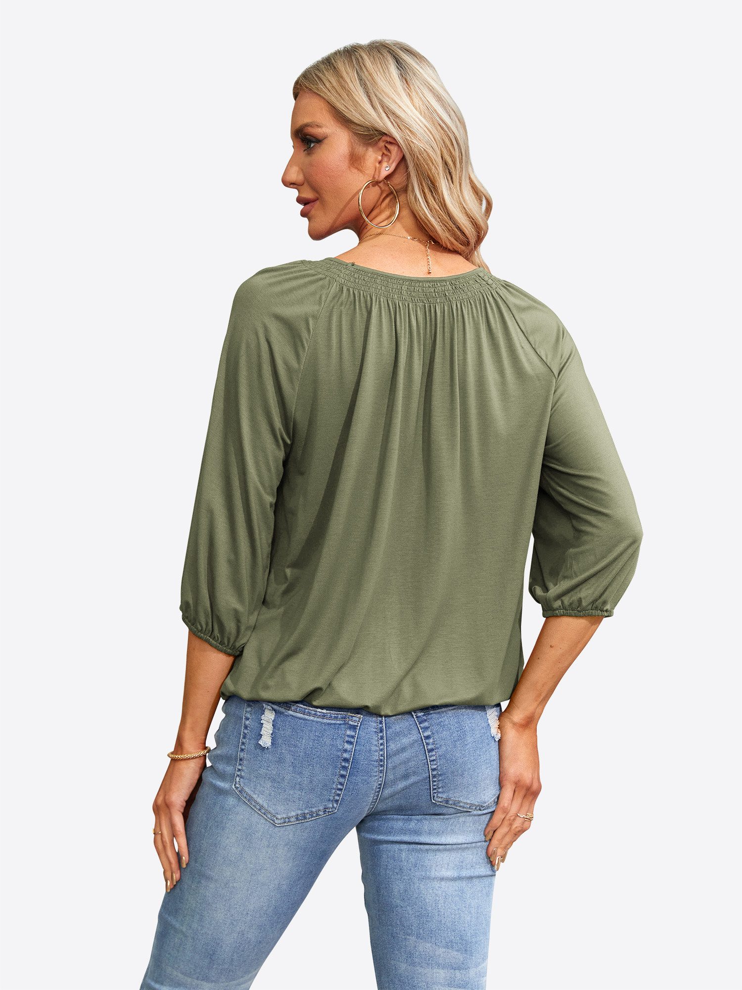 Imily Bela T-Shirt Damen 3/4-Ärmel Plissierte Bluse (Packung, 1-tlg., 1per-Pack) Rundhals