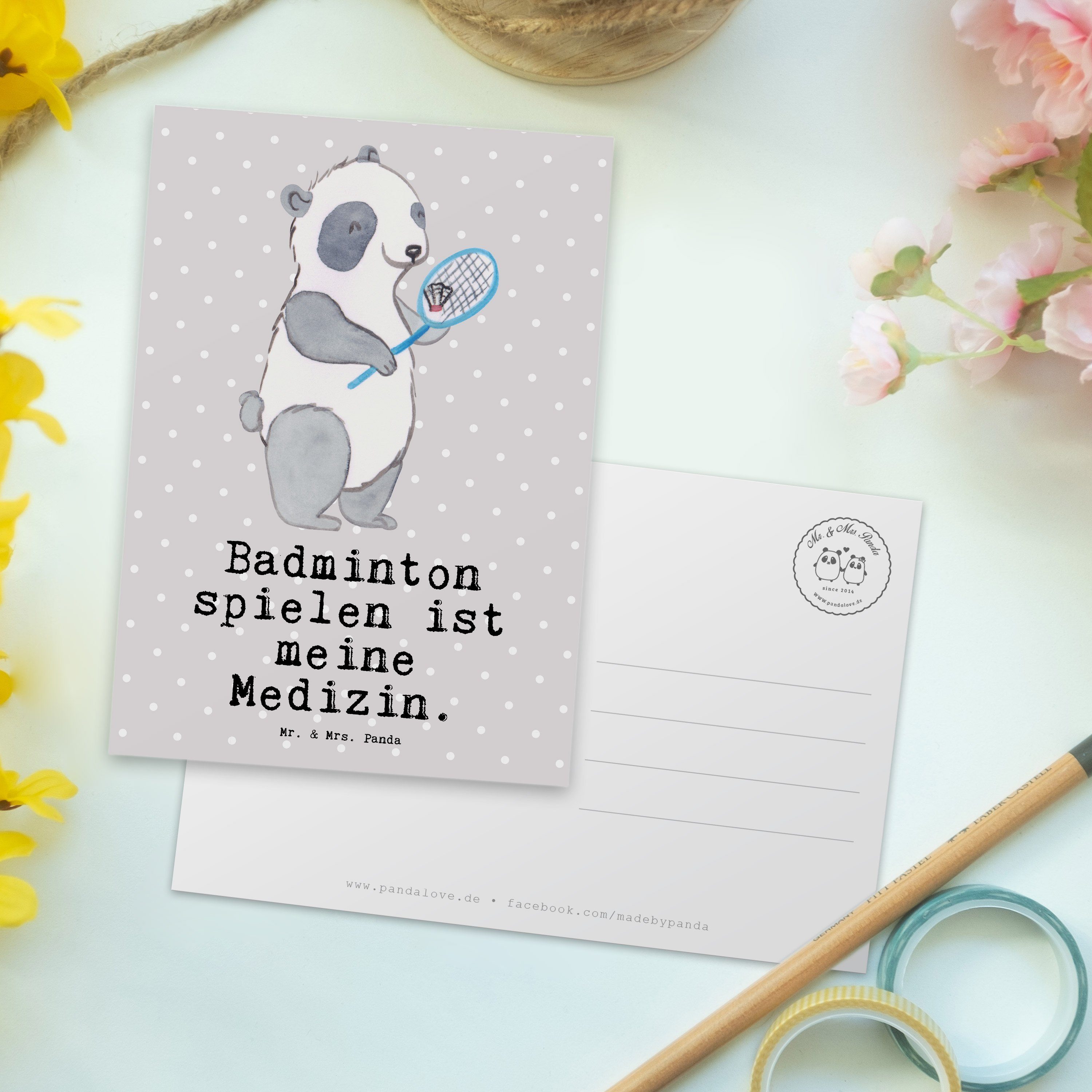 Geschenk, Postkarte Panda Grau spielen Pastell Medizin Mr. Badminton Panda Mrs. & Badminton - -