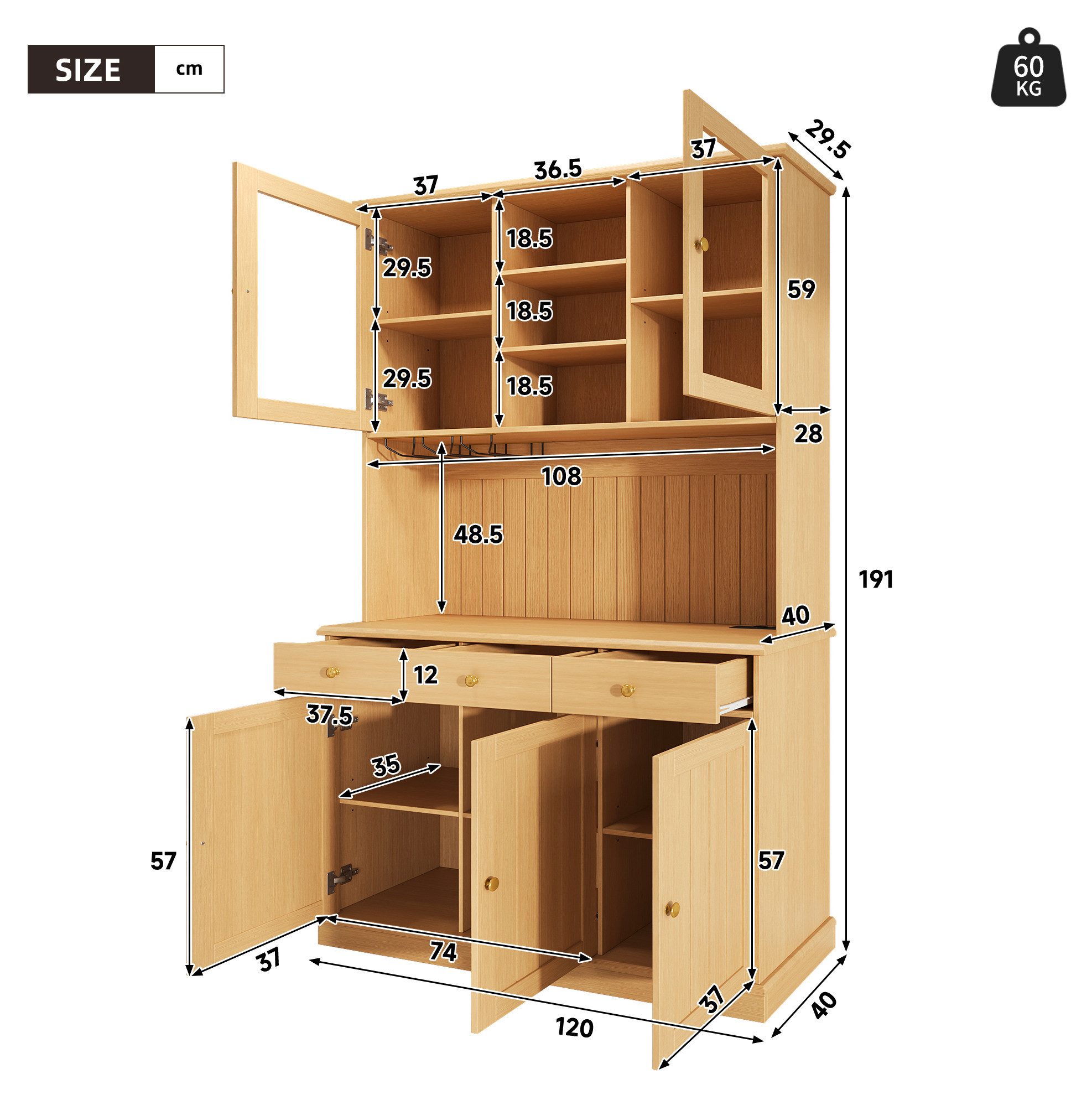 REDOM Hochschrank Esszimmerschrank in Natur mit USB & Steckdose (Packung, 1-St., Natur, 120×40×191 cm, für moderne Küche) Gläserhalter, Glastüren, elegante Optik