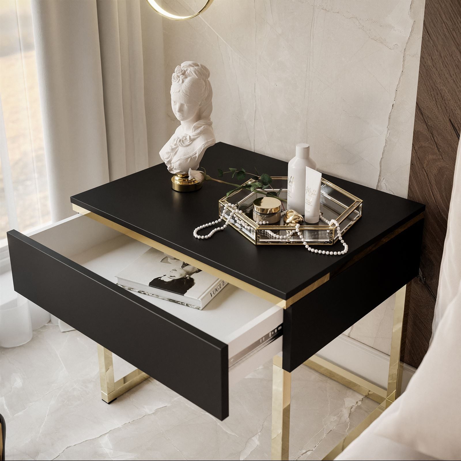 Lookway Nachttisch AURORA Schwarz Matt mit goldenem Gestell (1x Nachttisch), Breite: 48 cm