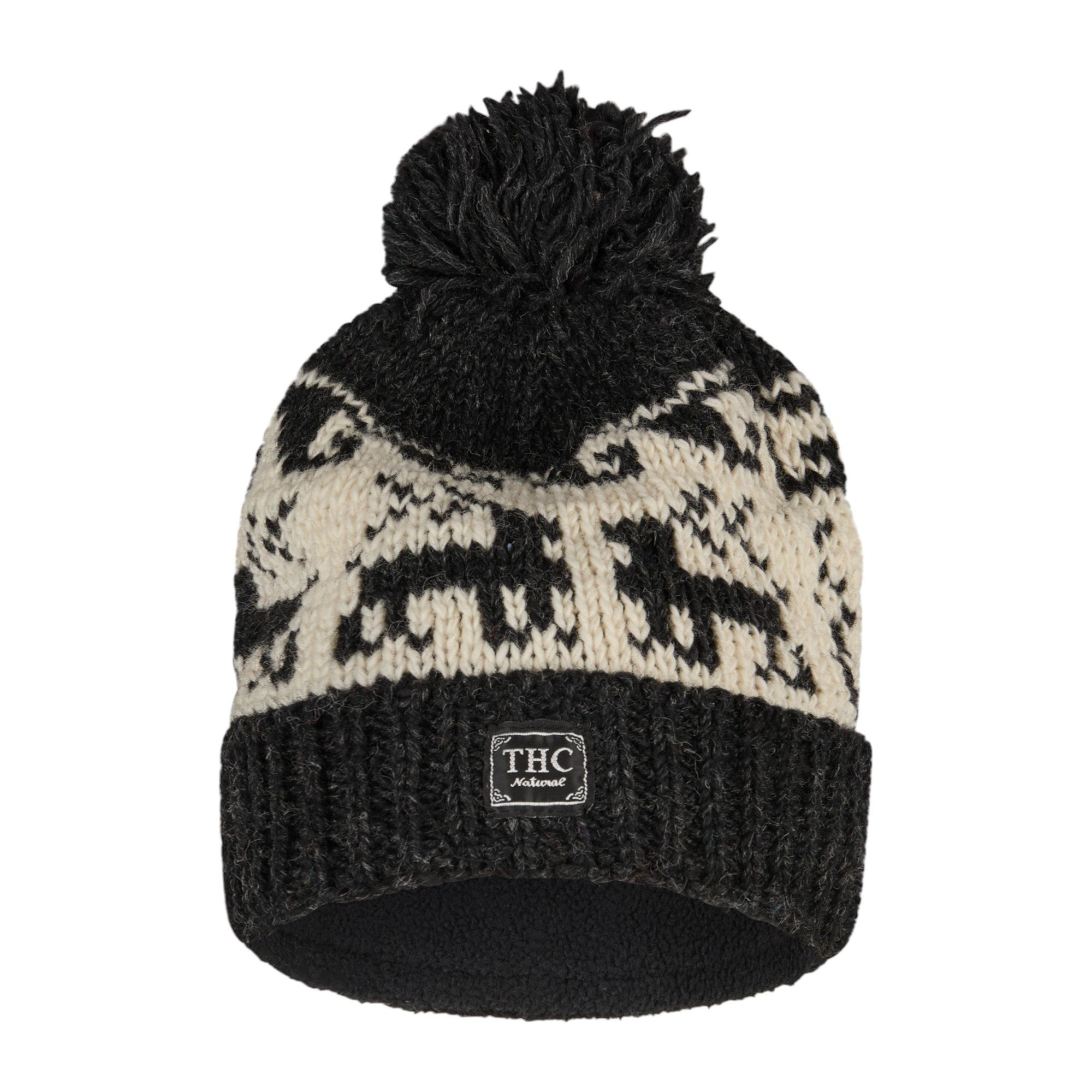 THC Natural Line Strickmütze THC Schafwoll Pudelmütze 606 Rentier schwarz (1 Stück, 1-St., 1 Stück) gerippter Umschlag