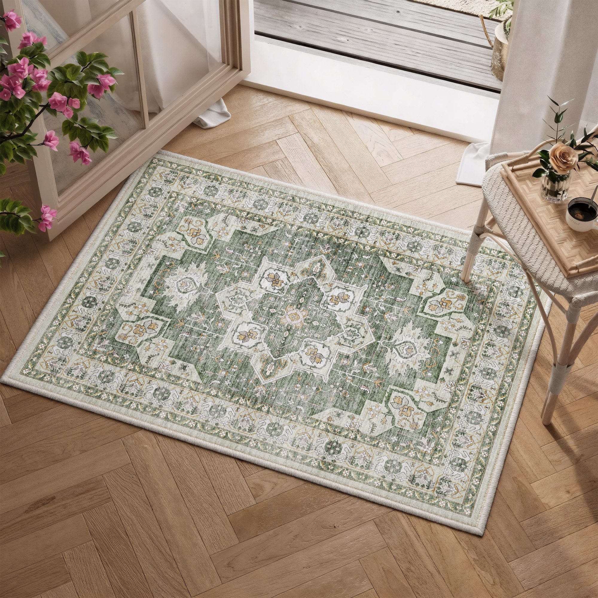 Klyvvo Teppich Vintage Kurzflor Teppich, weich & rutschfest, waschbar, Rechteckig, 60x90 cm – kleine Fußmatte für Eingang, Küche & Badezimmer