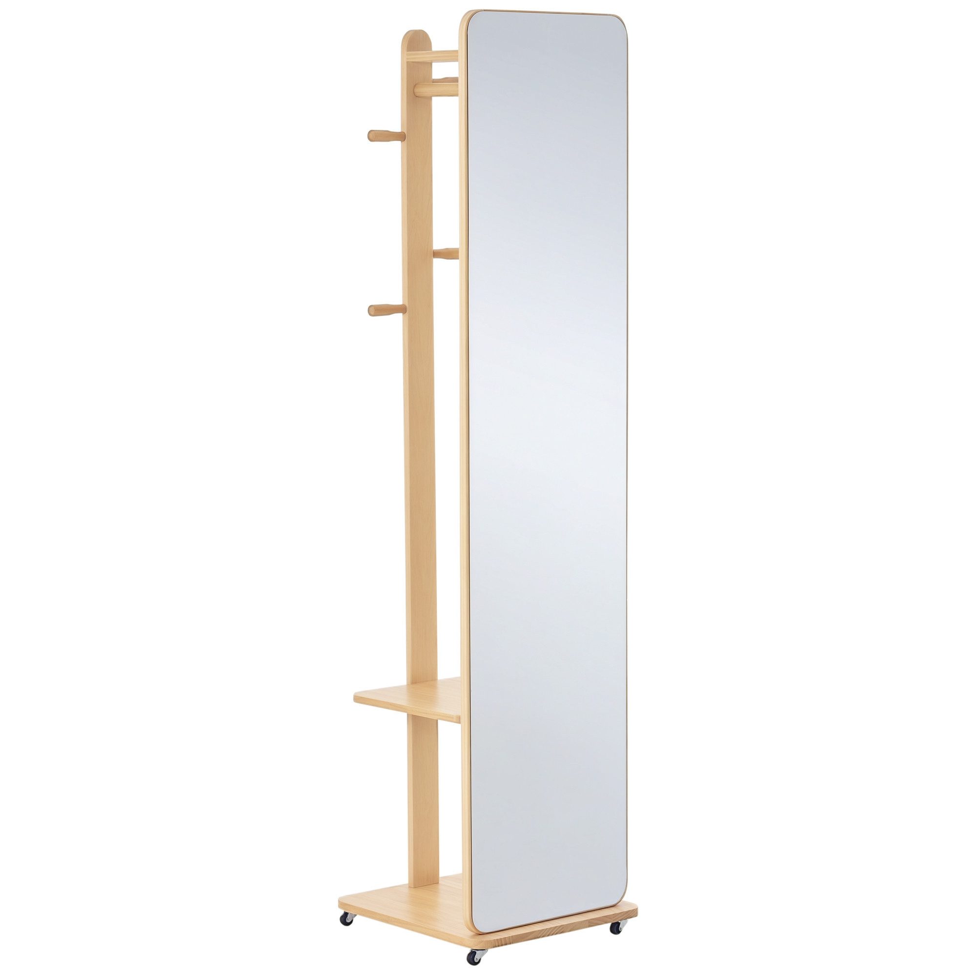 BAYMATE Standspiegel Freistehender Spiegel mit Rollen – Gestell, 4 Haken (helle MDF-Ablage in Holzoptik)