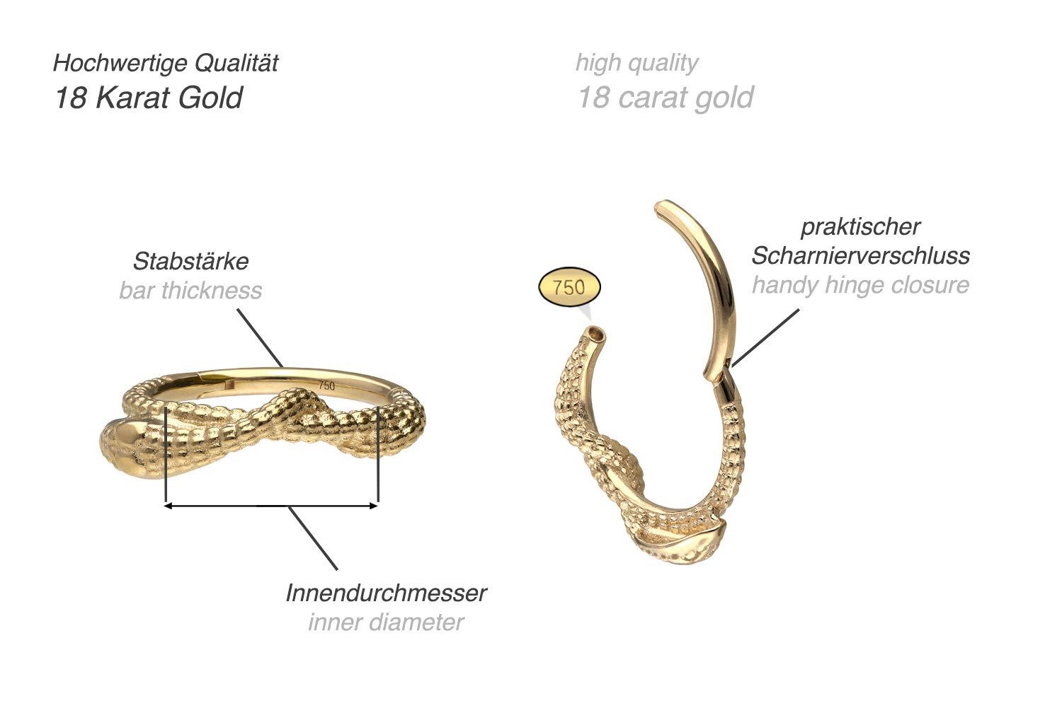 PIERCINGLINE Nasenpiercing 18 Karat Gold Segmentring Clicker SCHLANGE Ohrpiercing Septum Nase (Clicker, 1-tlg), Ohrpiercing für Conch, Helix, Tragus, Daith, Lobe