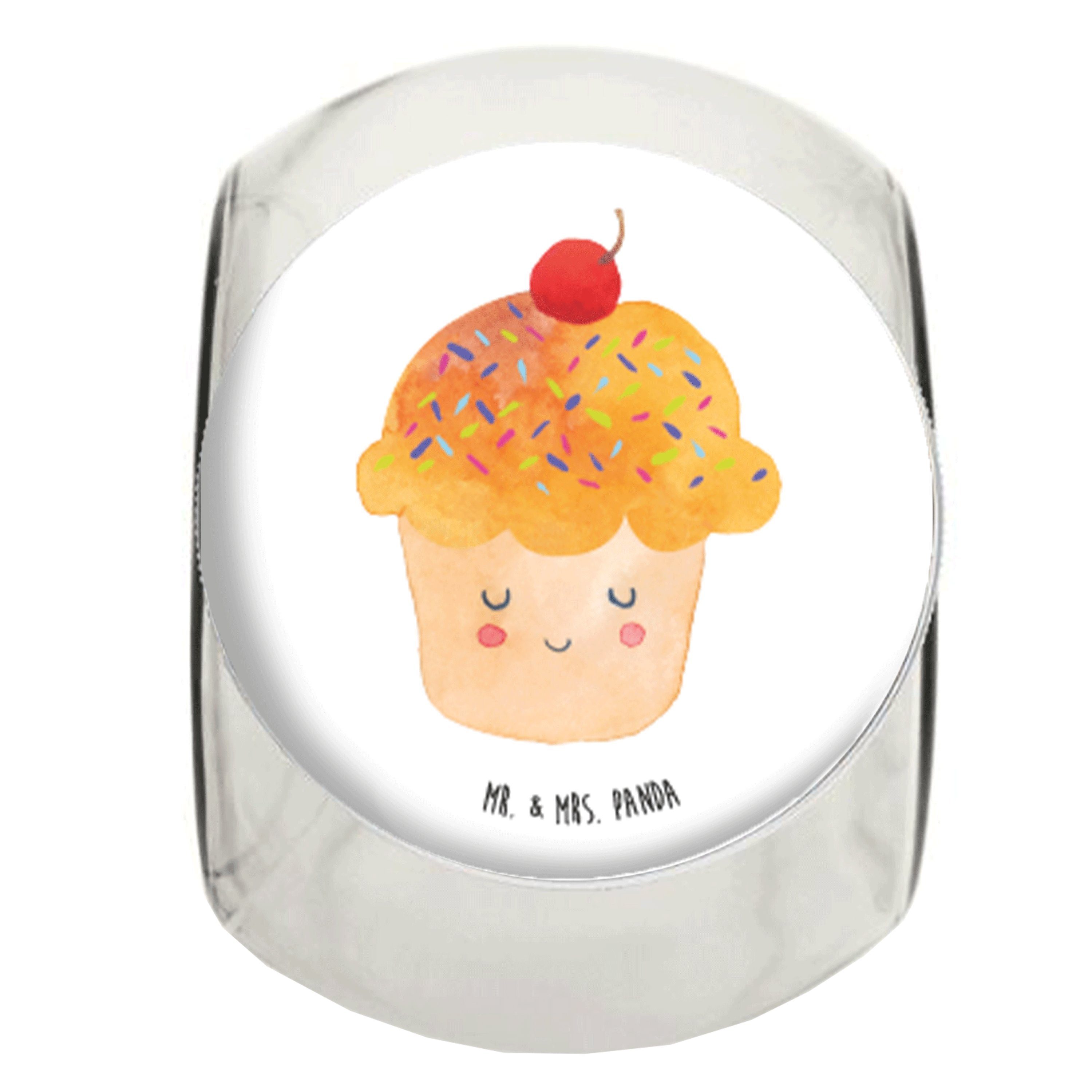 Mr. & Mrs. Panda Vorratsglas L 870ml Cupcake - Weiß - Geschenk, Küchenorganizer, Tiere, Muffin, Mü, Premium Glas, (1-tlg), Design-Highlight