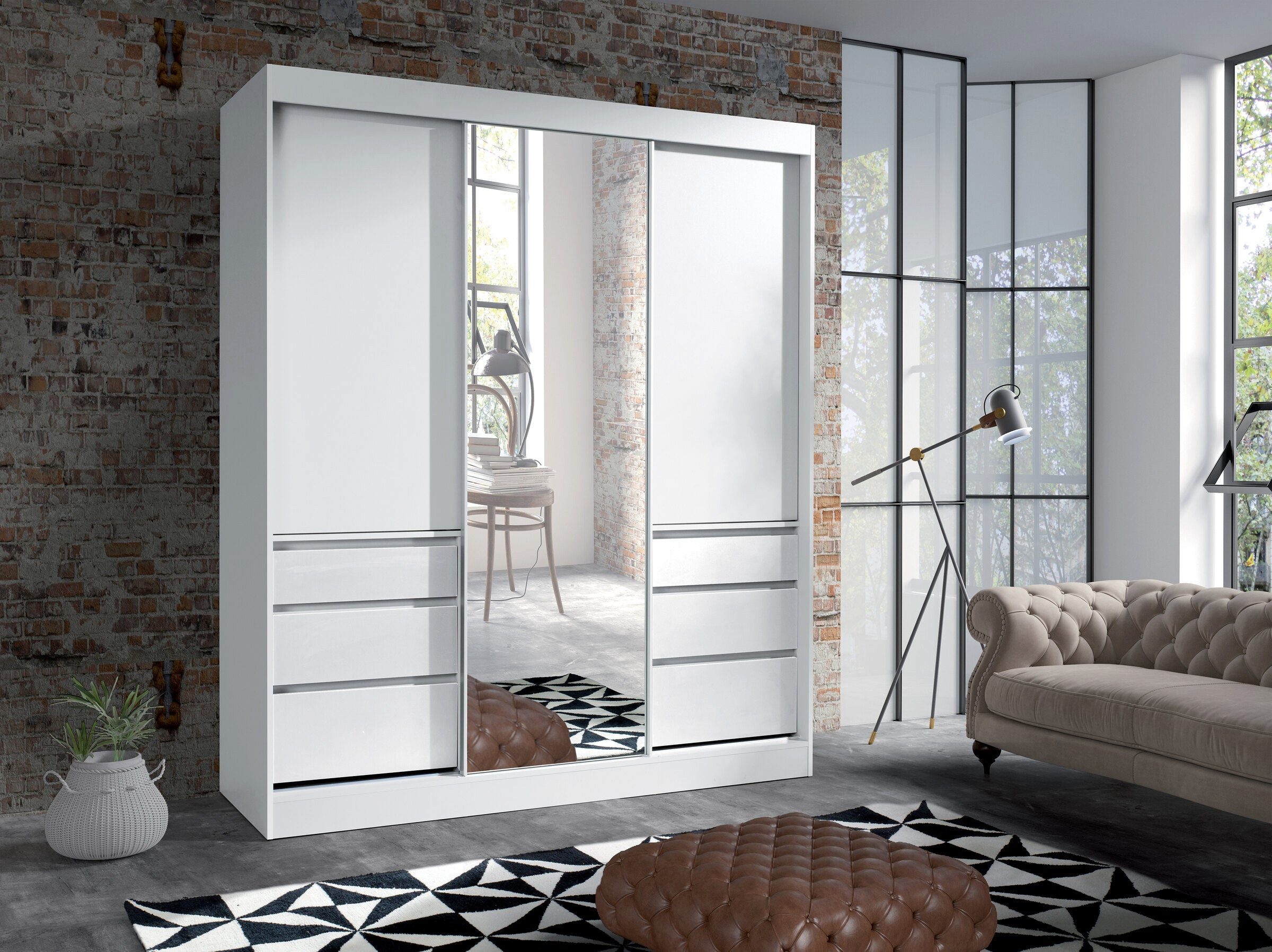 ROYAL24_MARKT Schwebetürenschrank Haiti Schwebetürenschrank 180 cm mit 3 Türen, Spiegel und 6 Schubladen