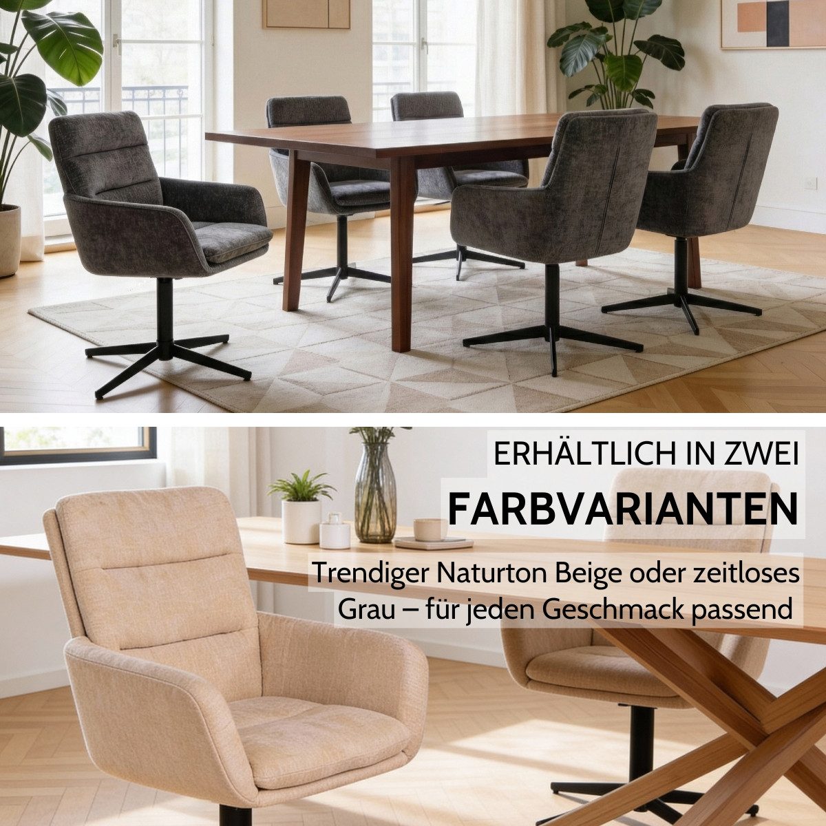 Liadomo Esszimmerstuhl Lorient, Armlehnstuhl, Stuhl, Stühle, Schäfchenstoff beige oder grau, Armlehnen, Sterngestell Metall, um 360° drehbar