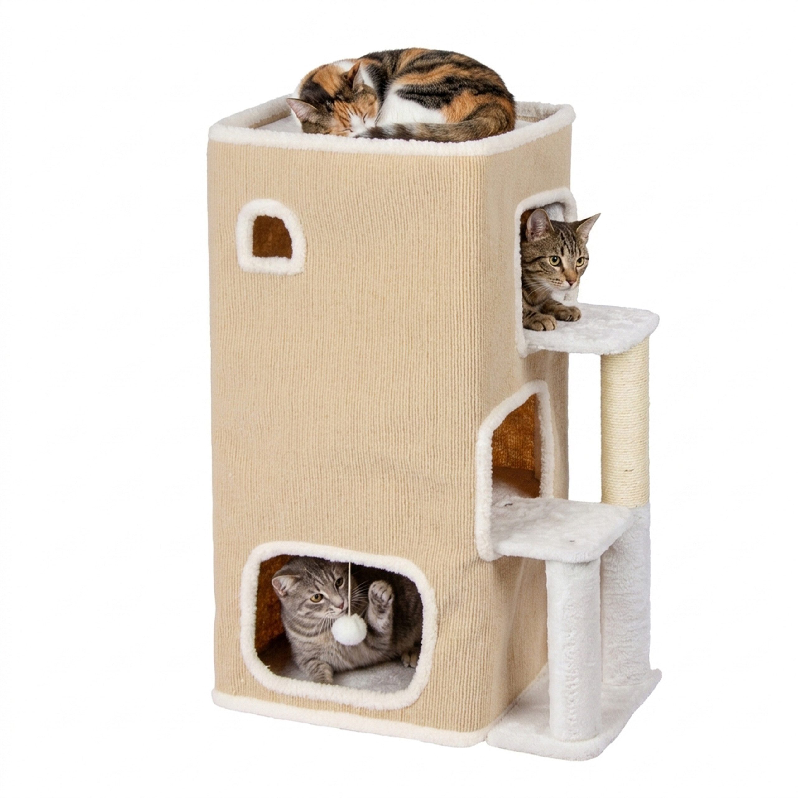 relaxdays Katzenhaus 3 Etagen Ball & Kratzstamm, Beige