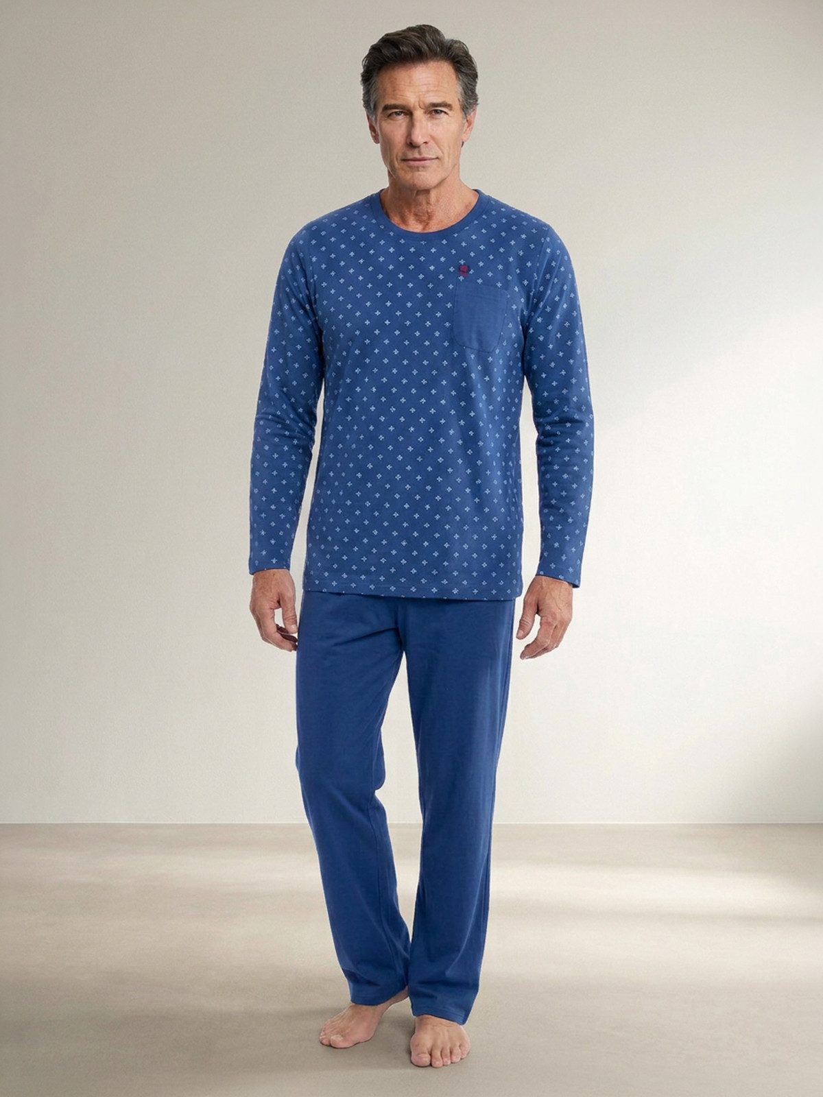 Henry Terre Pyjama Carlo Langarm - Hose Uni Shirt mit Print ohne Knöpfe