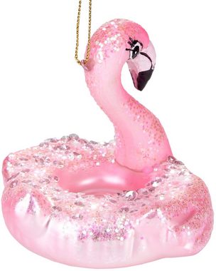 BRUBAKER Christbaumschmuck Handbemalte Weihnachtskugel Flamingo Schwimmring, eleganter Weihnachtsanhänger aus Glas, mundgeblasenes Unikat, lustige Baumkugel - 9 cm